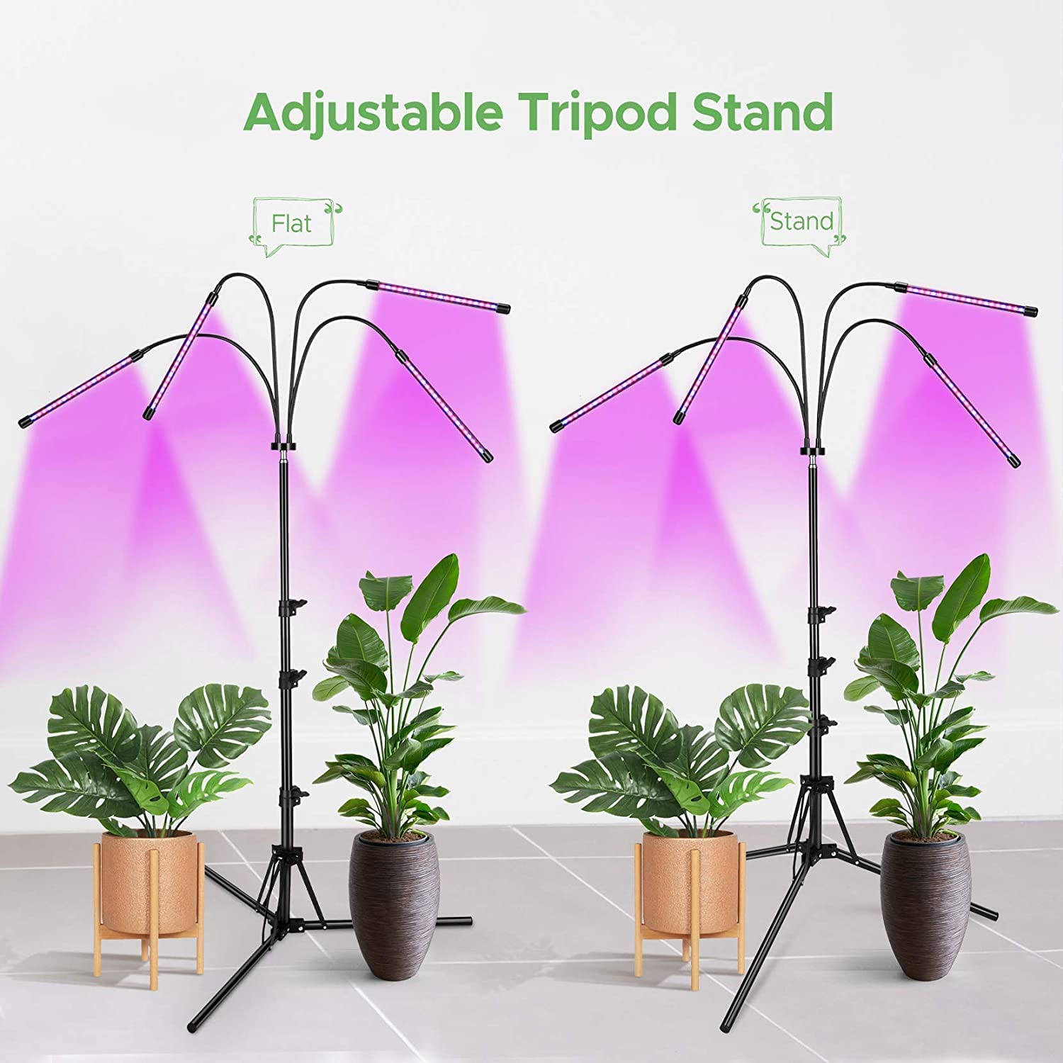 Luces de cultivo para plantas de interior, luz LED de crecimiento, 4 cabezales, lámparas LED de espectro completo para plantas, lámparas de cultivo de plantas con LED rojo y azul, soporte ajustable,