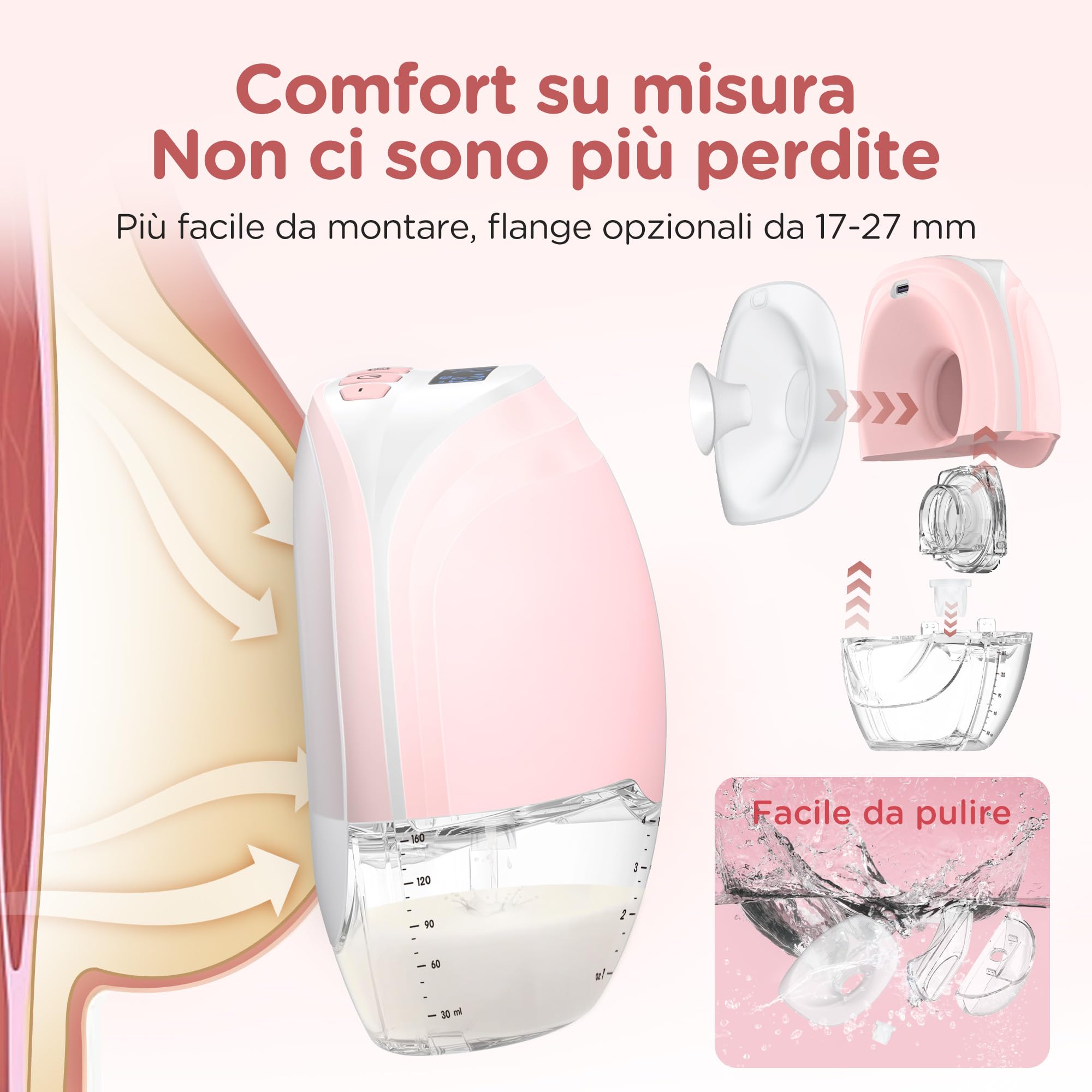 Tiralatte Elettrico Indossabile Portatile, Senza Fili e Silenzioso, Design Discreto Anti-Perdita, Senza BPA,3 Modalità e 12 Livelli, 2 Pezzi per Casa e Viaggio