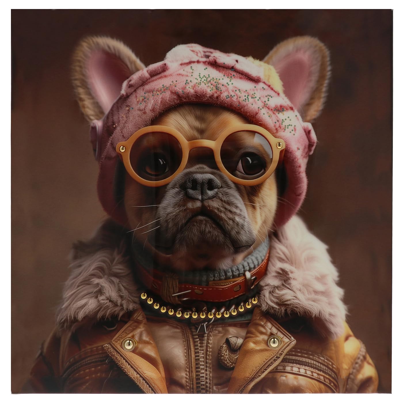Shudehill Giftware High Definition Art Fab Frenchie Fiona Canvas Wall Art – Stylish French Bulldog Design in Leather Jacket and Pink Hat (Height 50cm x Width 50cm x Depth 1.7cm)