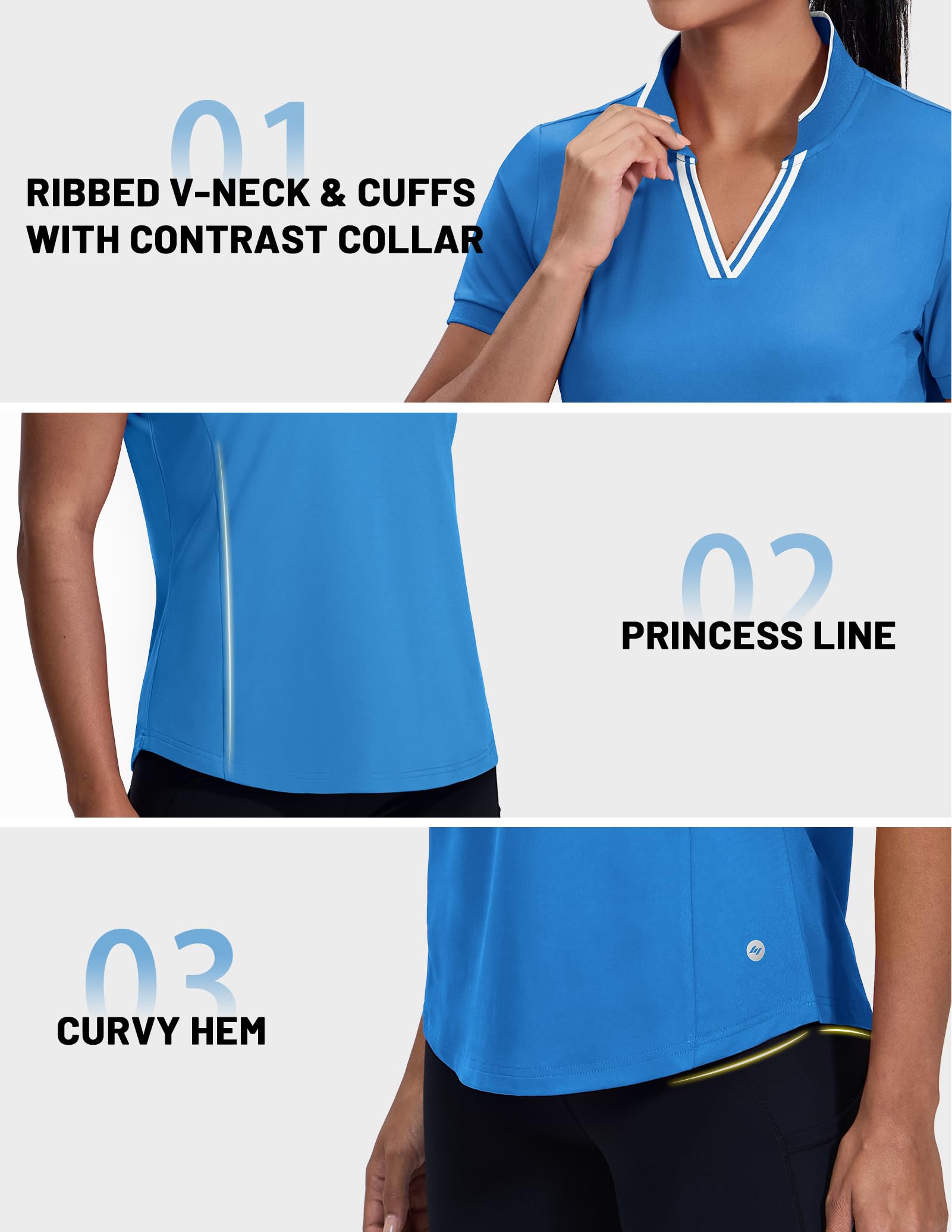 MIER Polo da donna con scollo a V, a maniche corte, protezione solare UPF 50+, per golf, tennis, maglietta elasticizzata con colletto, vestibilità asciutta