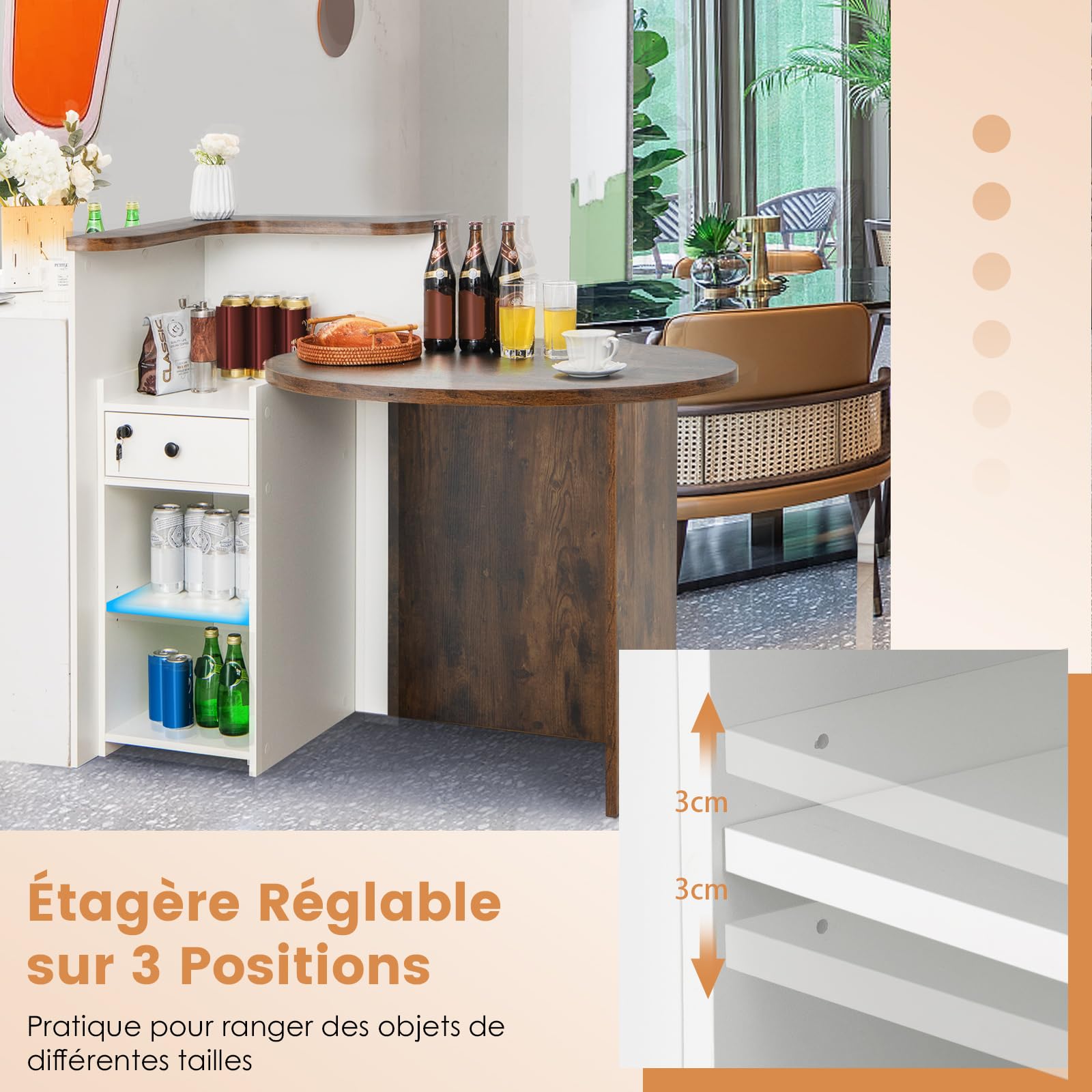 COSTWAY Comptoir Caisse avec Tiroir Verrouillable, Petit Accueil Comptoir pour Vente, Plateau Ovale, Étagère Réglable, Bureau de Reception pour Hôtel, Boutique, 120 x 70 x 100 cm (Marron Rustique)