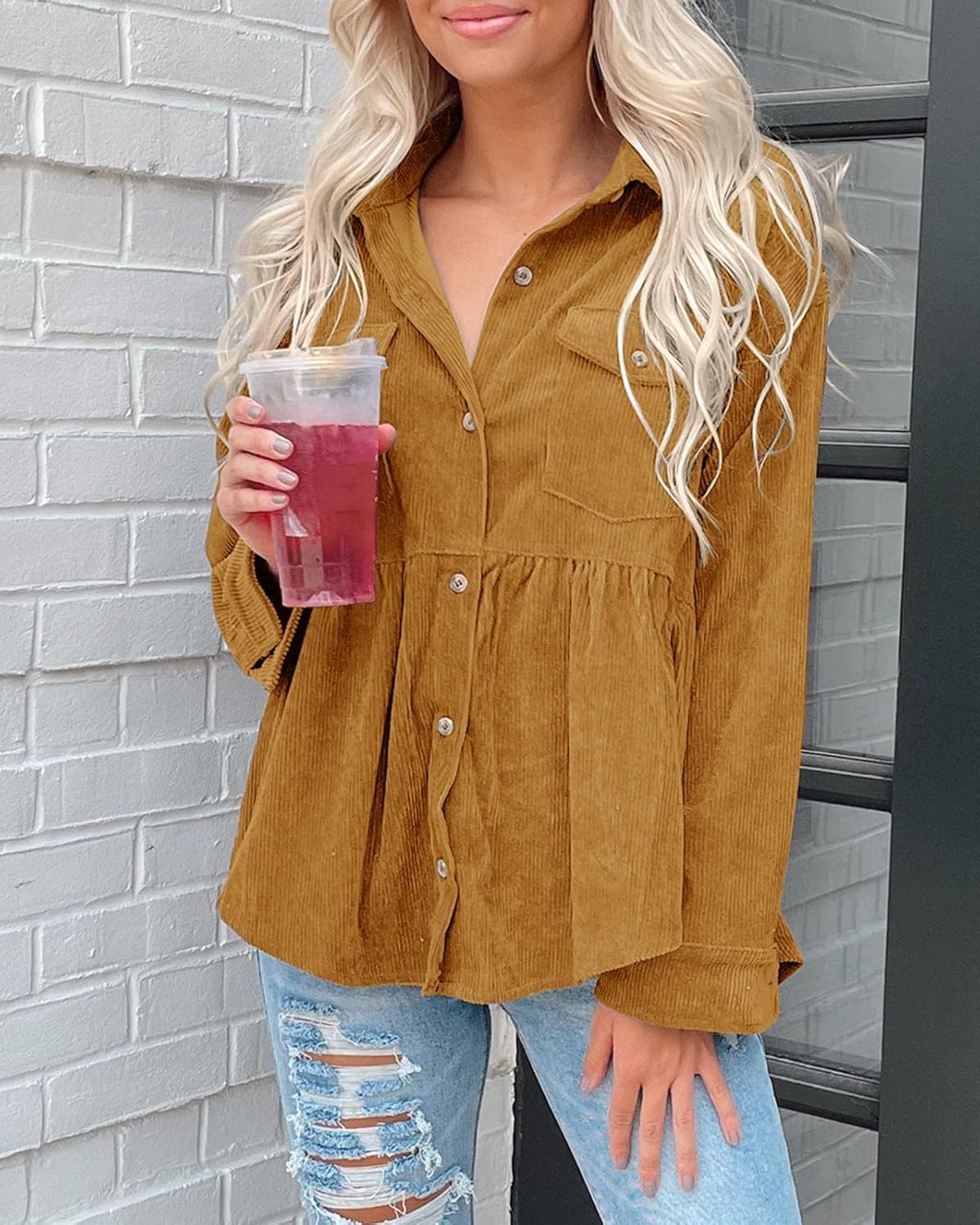 Tutorutor Womens Corduroy Shirts Casual Long Sleeve Button Down Blouses Tunic Babydoll Dress Loose Pocket Jacket Shackets - Image 4