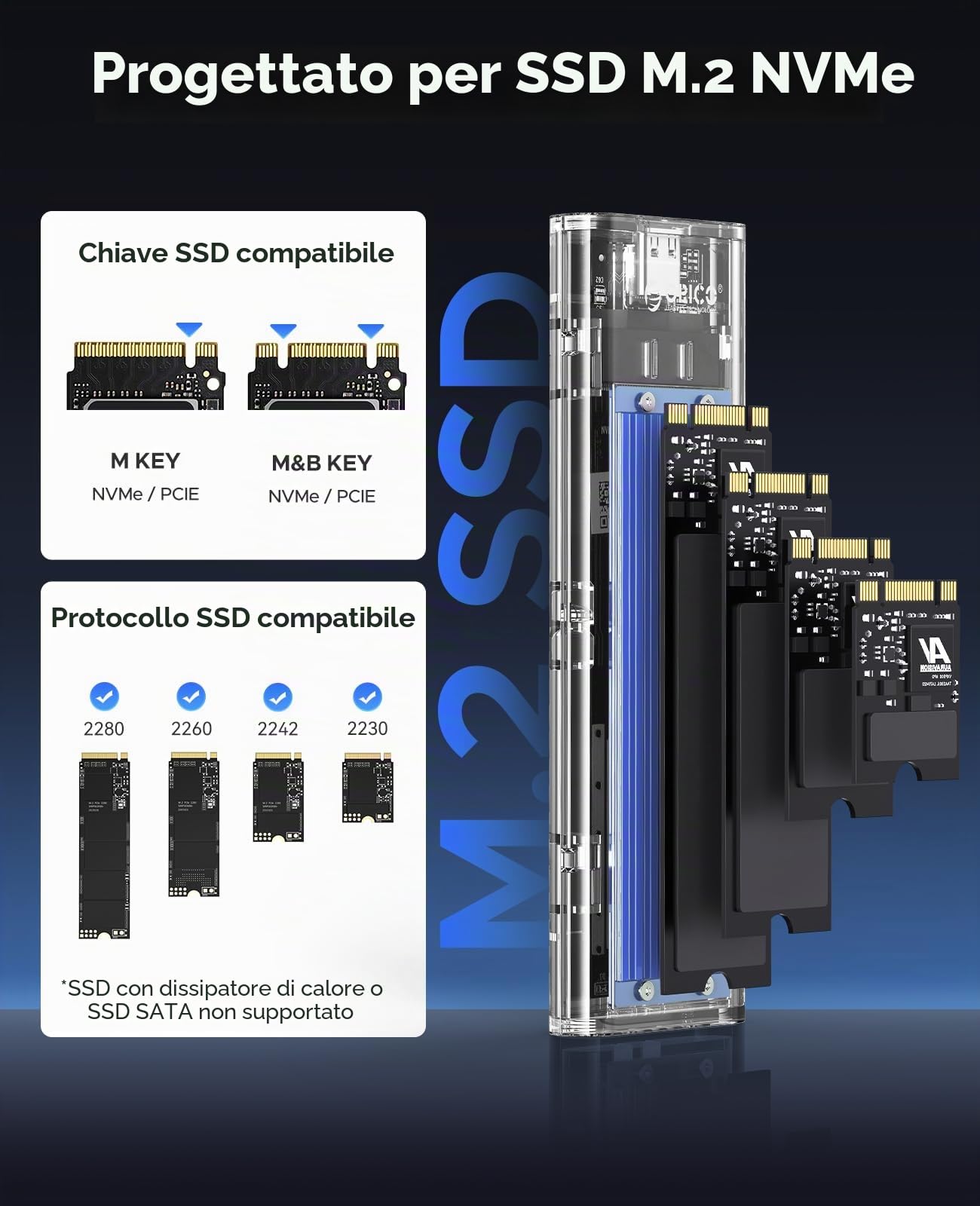 ORICO Case SSD NVMe M.2, USB Adattatore Type-C Enclosure USB3.1 Gen2 10Gbps Trasparente Esterno Disco Rigido per M.2 M-Key/B+M Key 2232/2250/2260/2280 SSD, con Cavi USB C TO A e C TO C (Blu)-TCM2