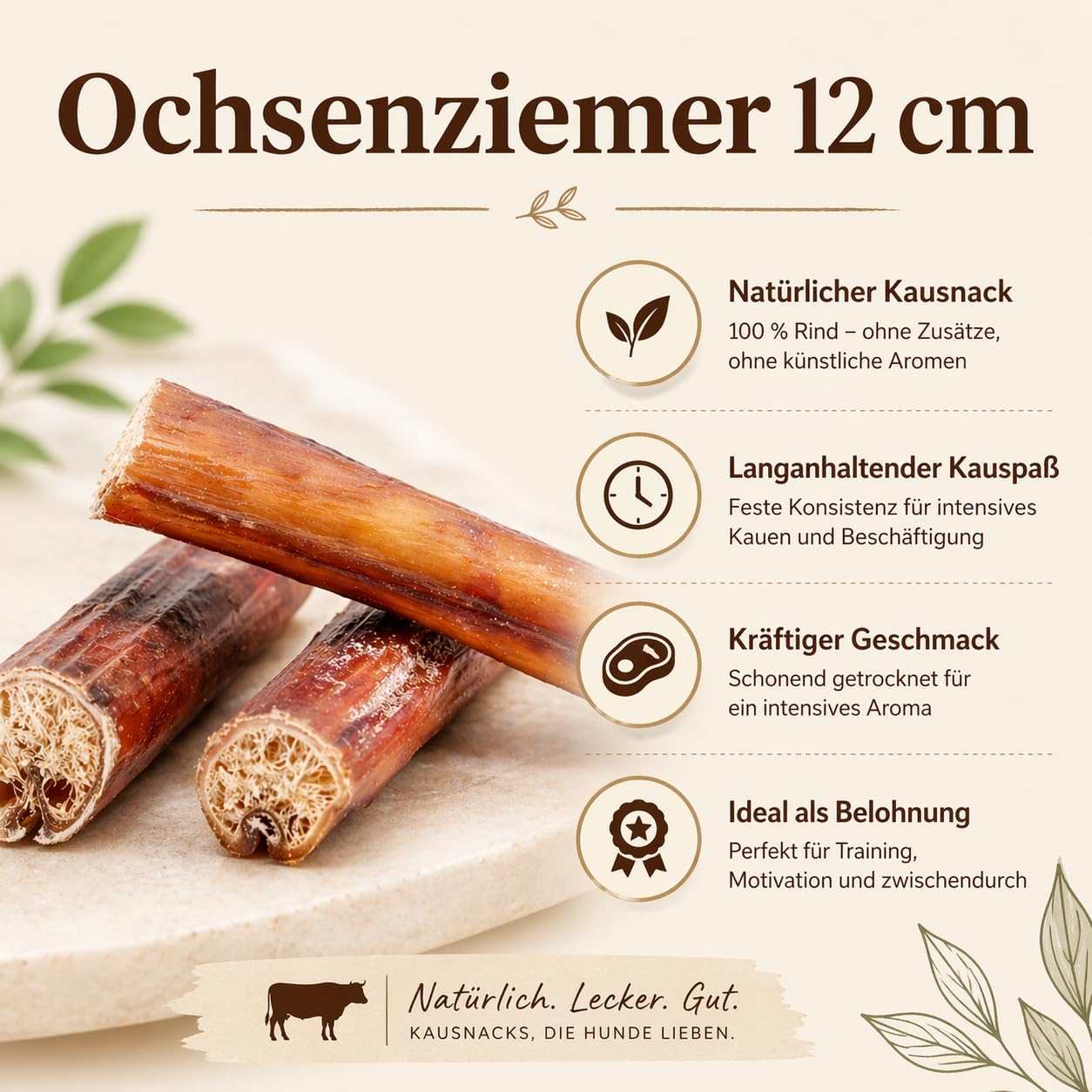 Ochsenziemer 12 cm – 500 g ca. 18 STK. – Natürlicher Kausnack für Hunde – 100 % Rind – Zahnpflege & Beschäftigung – Getrocknetes Kauprodukt – Ohne Zusatzstoffe
