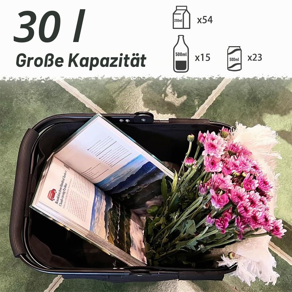30L Tragekorb Faltbar Groß Einkaufskorb Picknickkorb mit Gepolsterten Griffen Praktischer Klappkorb Einkaufstasche mit Alurahmen Stabiler Korb