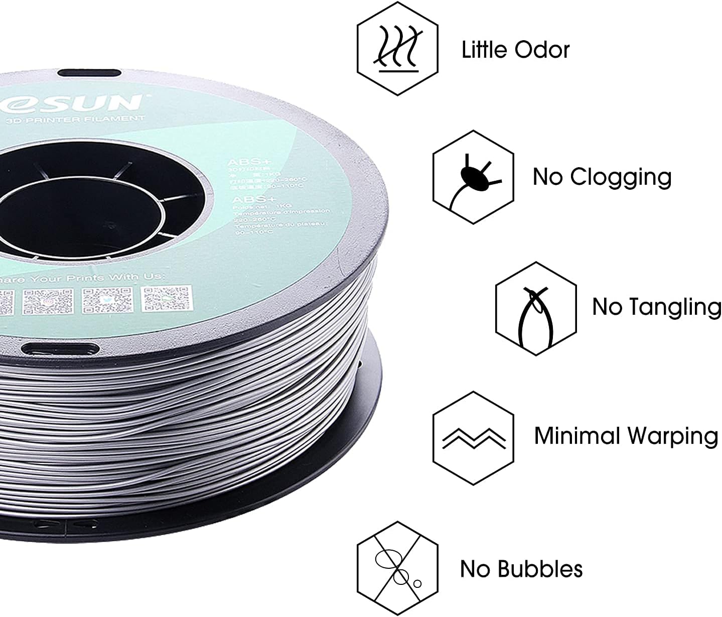 eSUN 1.75mm Gray ABS+ 3D Printer Filament 1kg Spool (2.2lbs), Gray