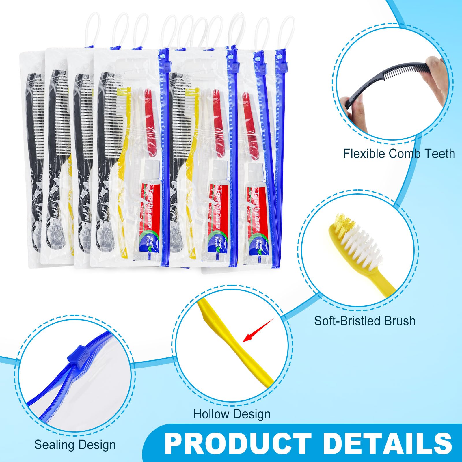 Kit per l'igiene personale, confezione da 30, spazzolini usa e getta gialli con copertura per dentifricio, pettine e set da toeletta per hotel, kit da viaggio di base per senzatetto