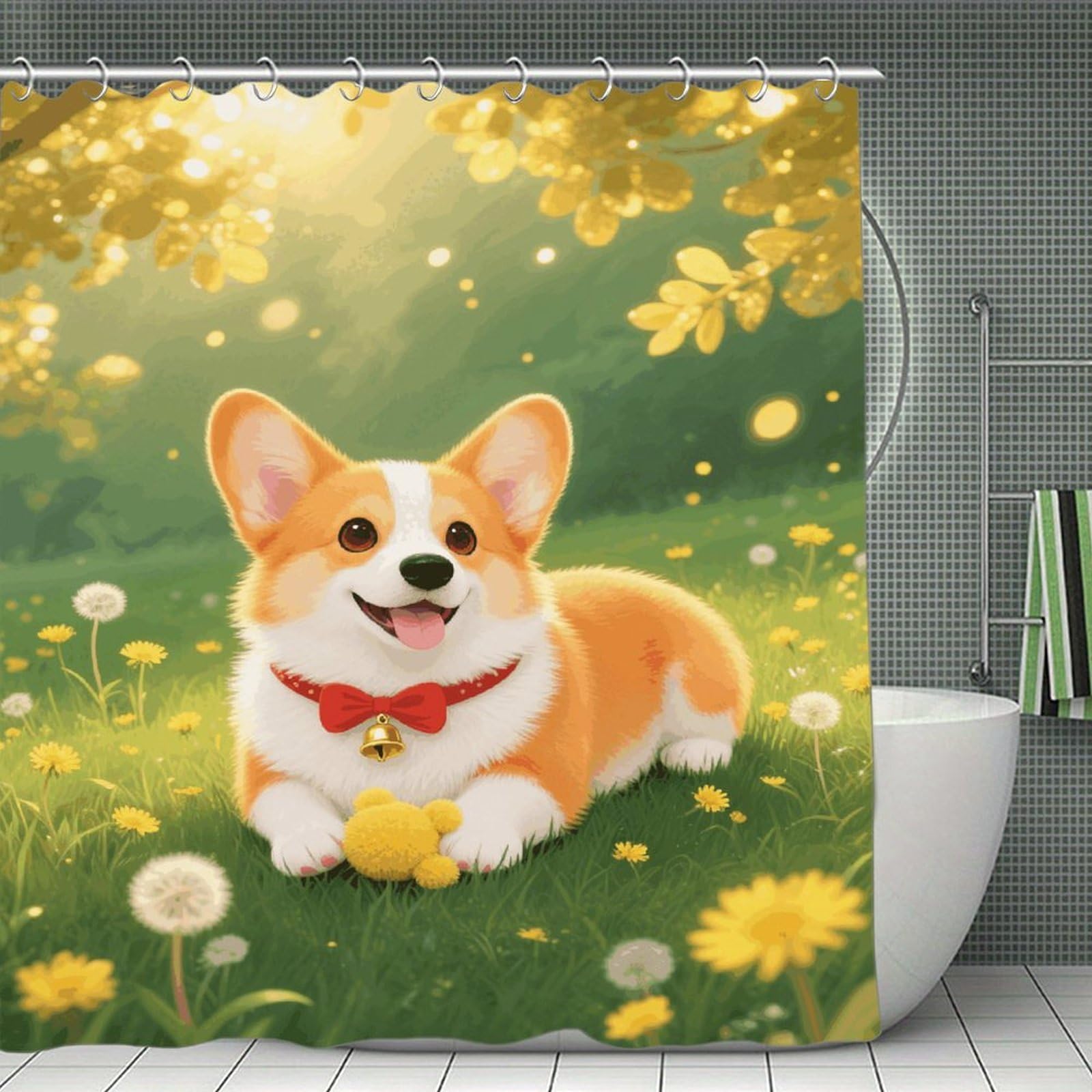VstaDank Corgi Shower Curtain Waterproof Bath Curtain with Hooks Heavy Duty Long Curtains for Bathroom Showers Machine Washable Decor Bath Curtains 70.8×70.8Inch