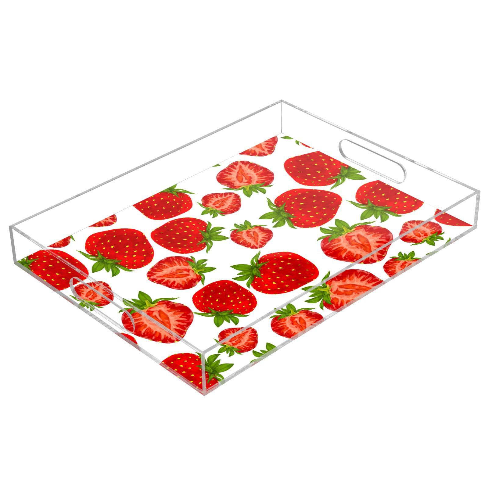 Bandeja transparente de acrílico para servir con asas, bandeja de desayuno de 12 x 16 pulgadas, bandeja de desayuno de acrílico orgánico para jardín, personalizado rojo fresa, bandejas transparentes