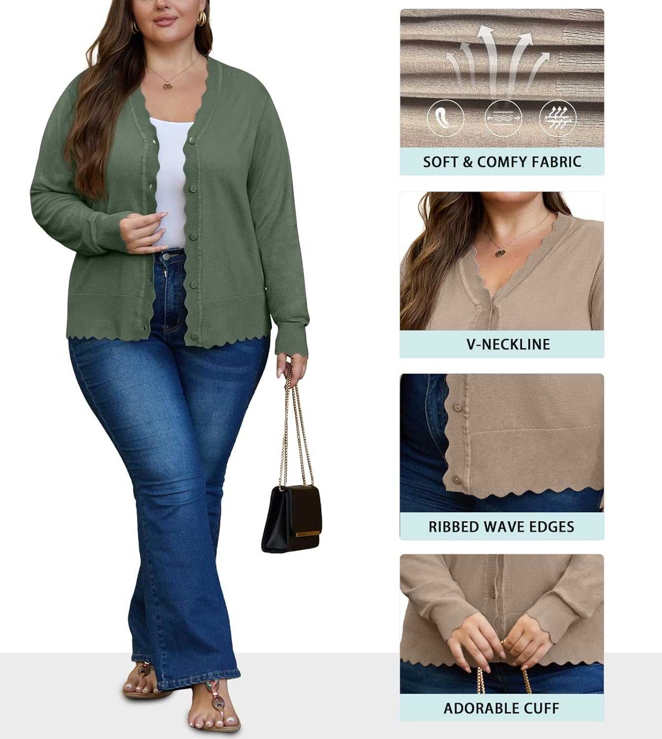 OLRIK Plus Size Cardigan for Women Cropped Long Sleeve V-Neck Buttons Down Ribbed Wave Edges Casual Knit Shrugs - Image 5