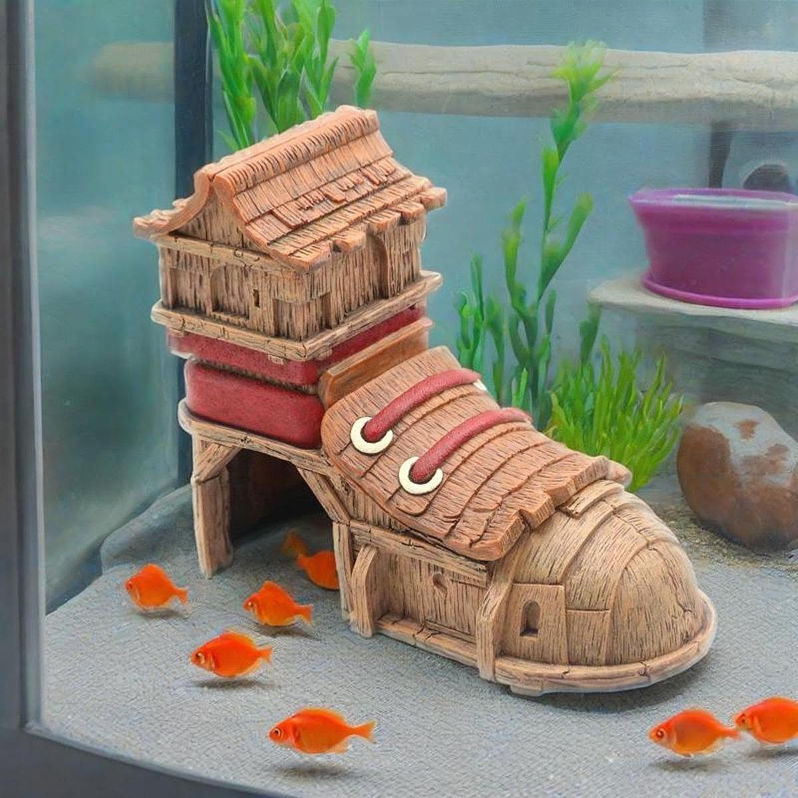 Decorazione per Acquario, Scultura in Grotta per Betta, Accessori subacquei, Moderna e realistica, Decorazione per Acquario in Resina con Scarpe.