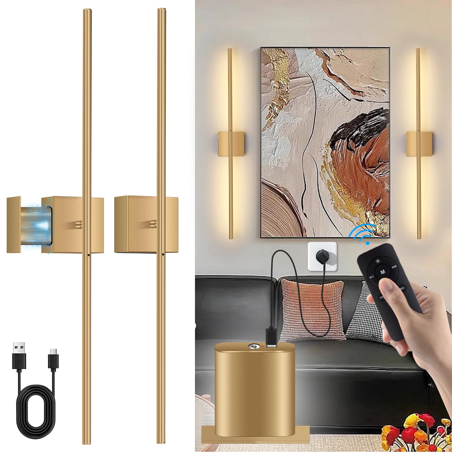 KARTOOSH Applique da parete a batteria con telecomando, set di due lampade da parete dimmerabili, rotazione a 350°, luce LED oro da 3000 K, per