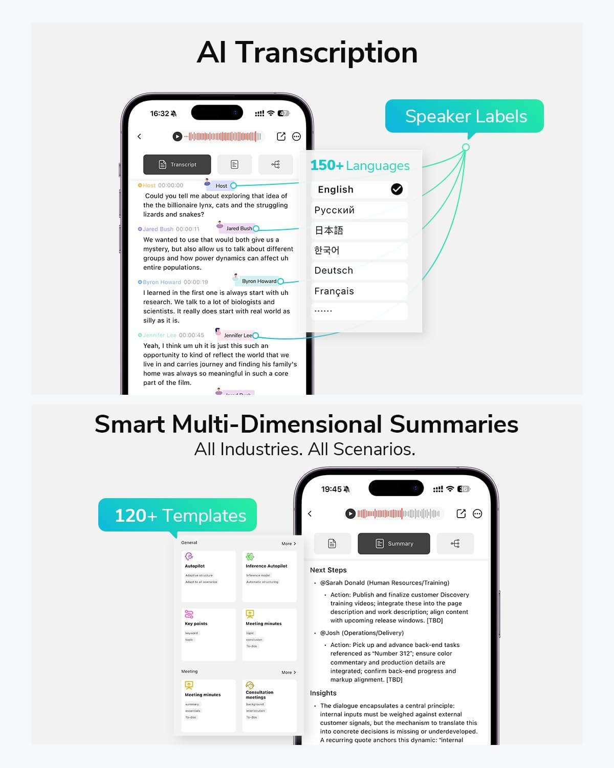 AI Voice Recorder, AI Transcribe & Summarization, Supports 152 Languages, APP Control, 32GB Ultra-Slim Audio Recorder for Calls, Meetings, Lectures, Interviews, Gray