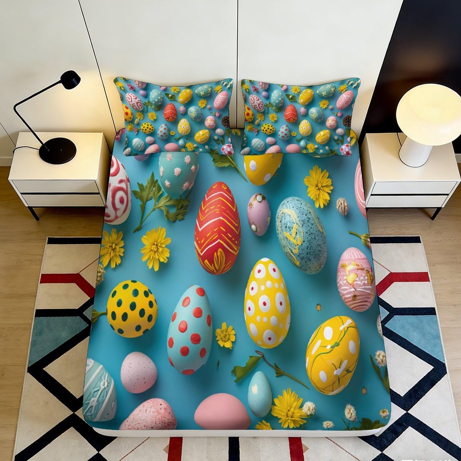 3D Printed Easter Egg Fitted Sheet Microfiber Deep Pocket Non-Slip Easter Egg Mattress Fitted Cover Bedroom Bedding for Adults 180x200x25cm