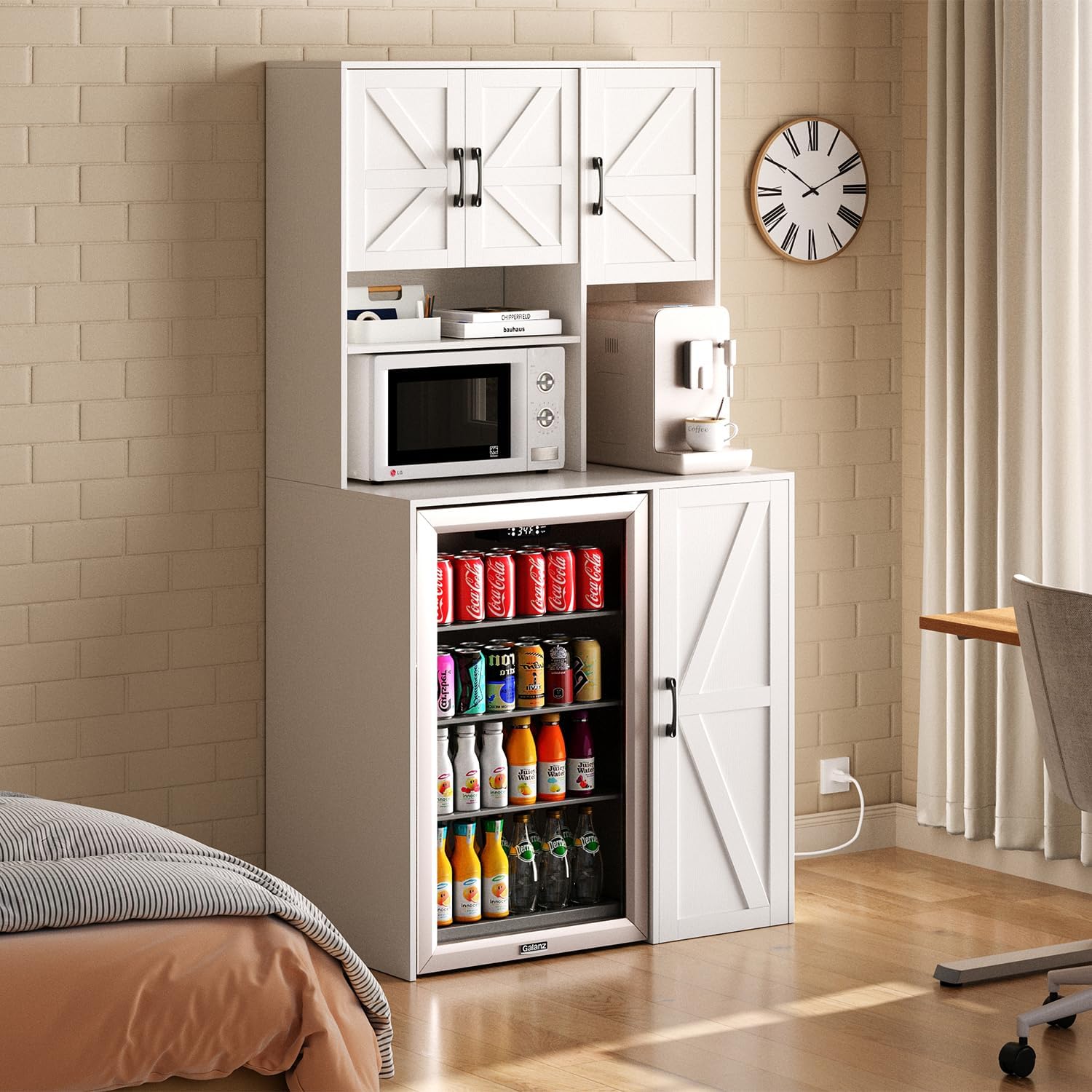 Mini Fridge Cabinet with Storage, Coffee Bar Cabinet with Mini Fridge Space and Outlet, Wine Bar Stand with Microwave Shelf, Beverage Station for Kitchen, Dorm, Office White KH02MRW