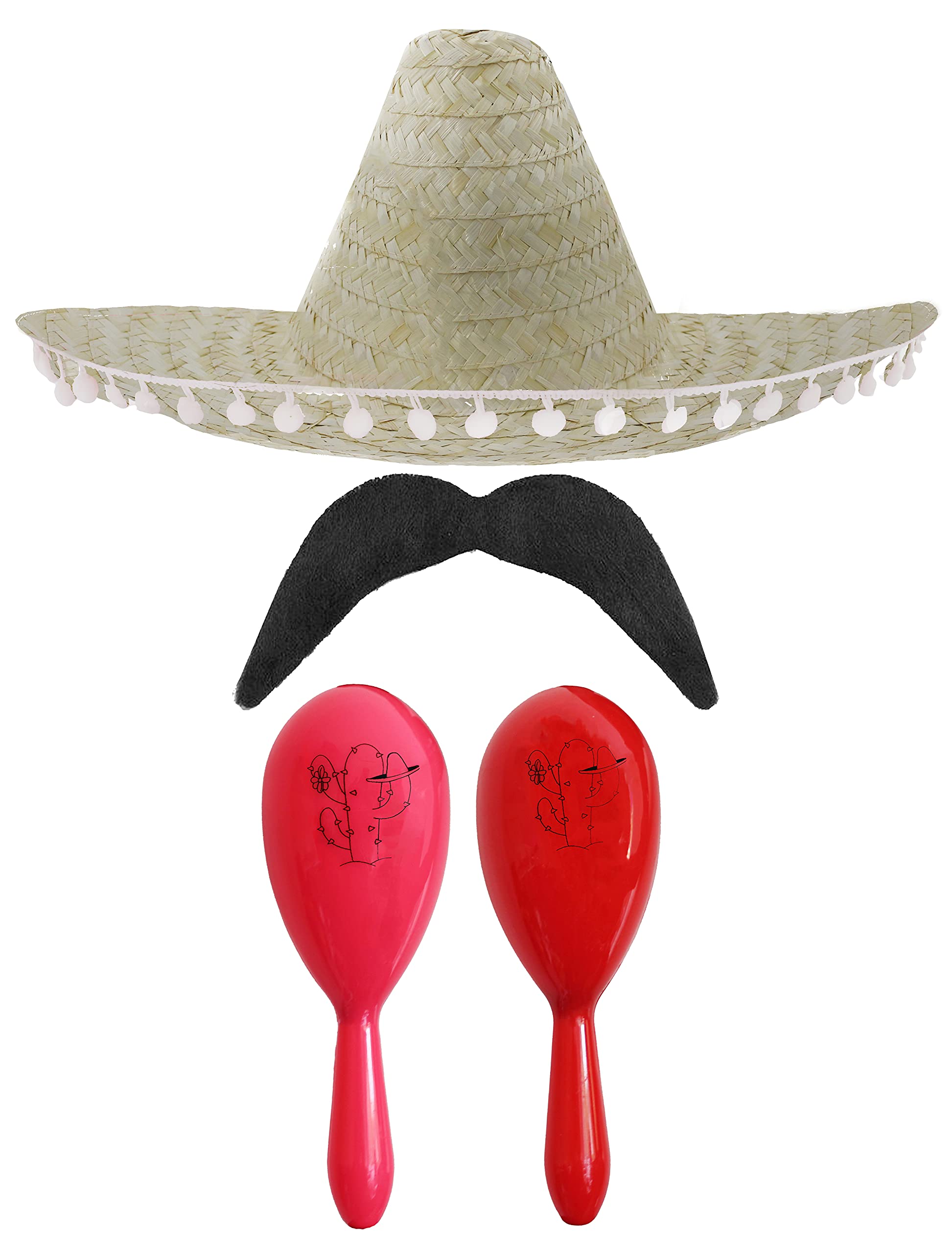 Set di accessori per costume messicano con maracas e tash, POM SOMBRERO + maracas rosa e rosso