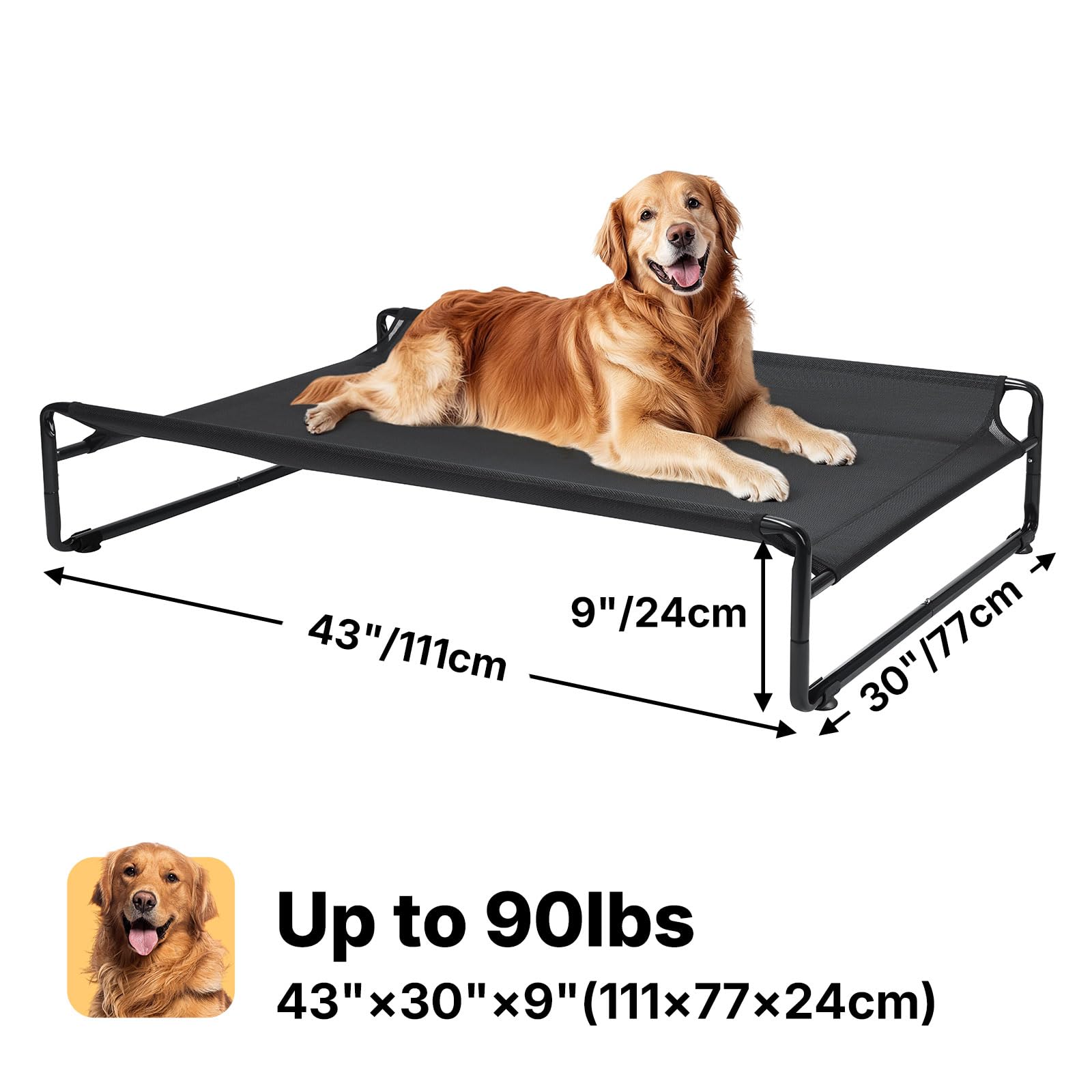 Veehoo Raised Dog Beds for Large Dogs, Washable Dog Cot with Headrest Sides, Outdoor Elevated Dog Bed with Non-Skid Feet, Breathable Mesh, Cooling Pet Hammock for Indoor or Camping, 42", Black - image 6