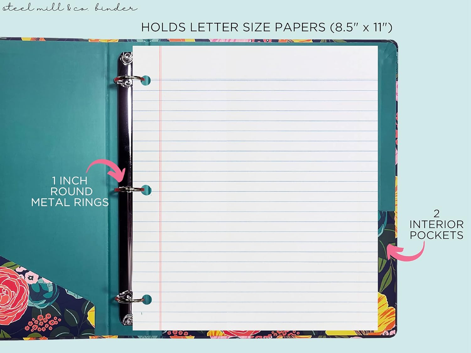 Steel Mill & Co Cute Decorative Hardcover 3 Ring Binder for Letter Size Paper, 1 Inch Round Rings, Floral Binder Organizer for School/Office, Mint Floral : Office Products