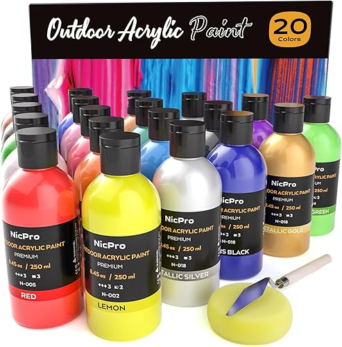 Nicpro Juego de pintura acrílica de 20 colores grandes a granel para exteriores (8.45 onzas, 8.5 fl oz), suministros de pintura artística, no tóxico