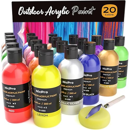 Nicpro 20 Colors Large Bulk Outdoor Acrylic Paint Set (8.45 oz, 250 ml) Rich Art Painting Supplies, Non Toxic for Multi Surface Canvas Rock Wood Leather Fabric Stone Metal Wall Craft with Color Wheel