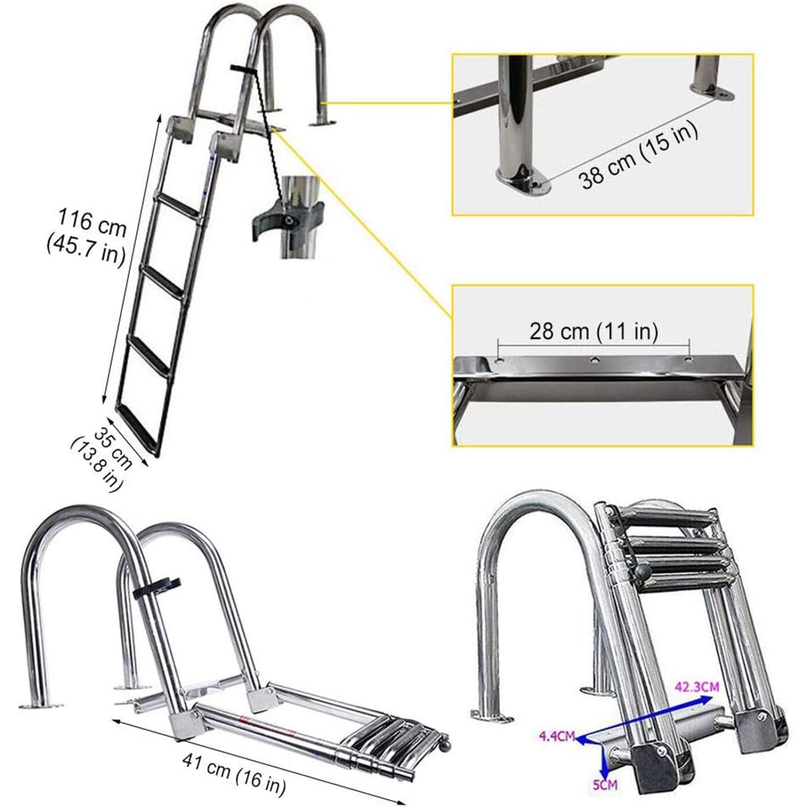 Edelstahl Teleskopleiter, 4 Schritt Edelstahl Klappleiter mit Handgriff Klappbare Schwimmleitern ausziehbar,für Badeplattform Marine Yacht