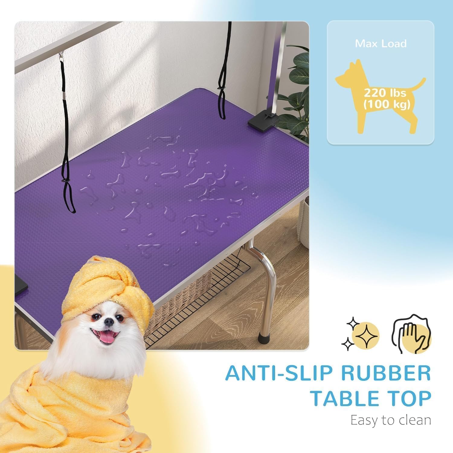 Pet Dog Grooming Table, Stainless Steel Professional Pet Drying Table, Adjustable Height Shower Bathing Station Desk for Dogs Cats with Arm & Noose & Mesh Tray, Up to 330lbs, 36''/ Purple