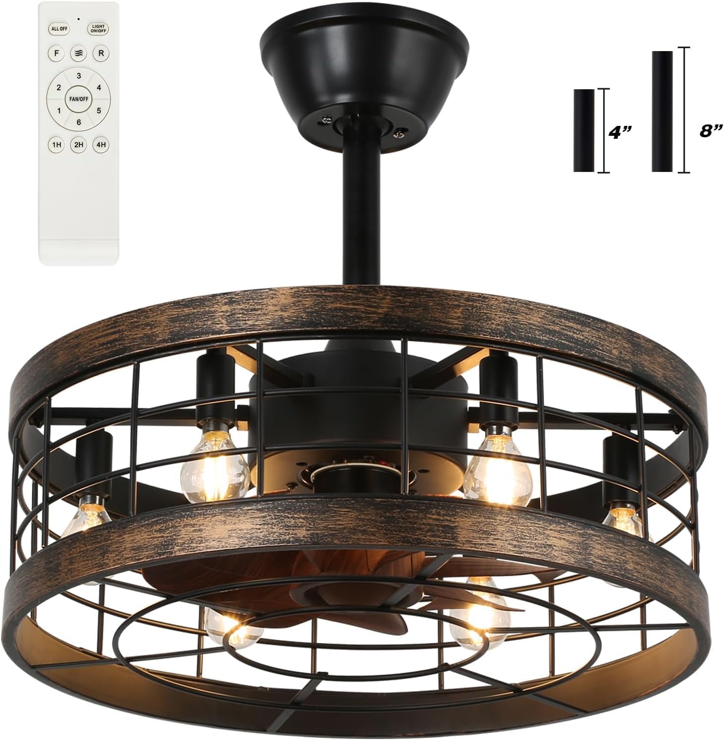 Caged Ceiling Fan with Lights Remote Control, 19" Industrial Ceiling Fan, 6 Speeds Reversible Motor Farmhouse Ceiling Fan Lights Ceiling Fixtures for Kitchen, Bedroom, Living Room