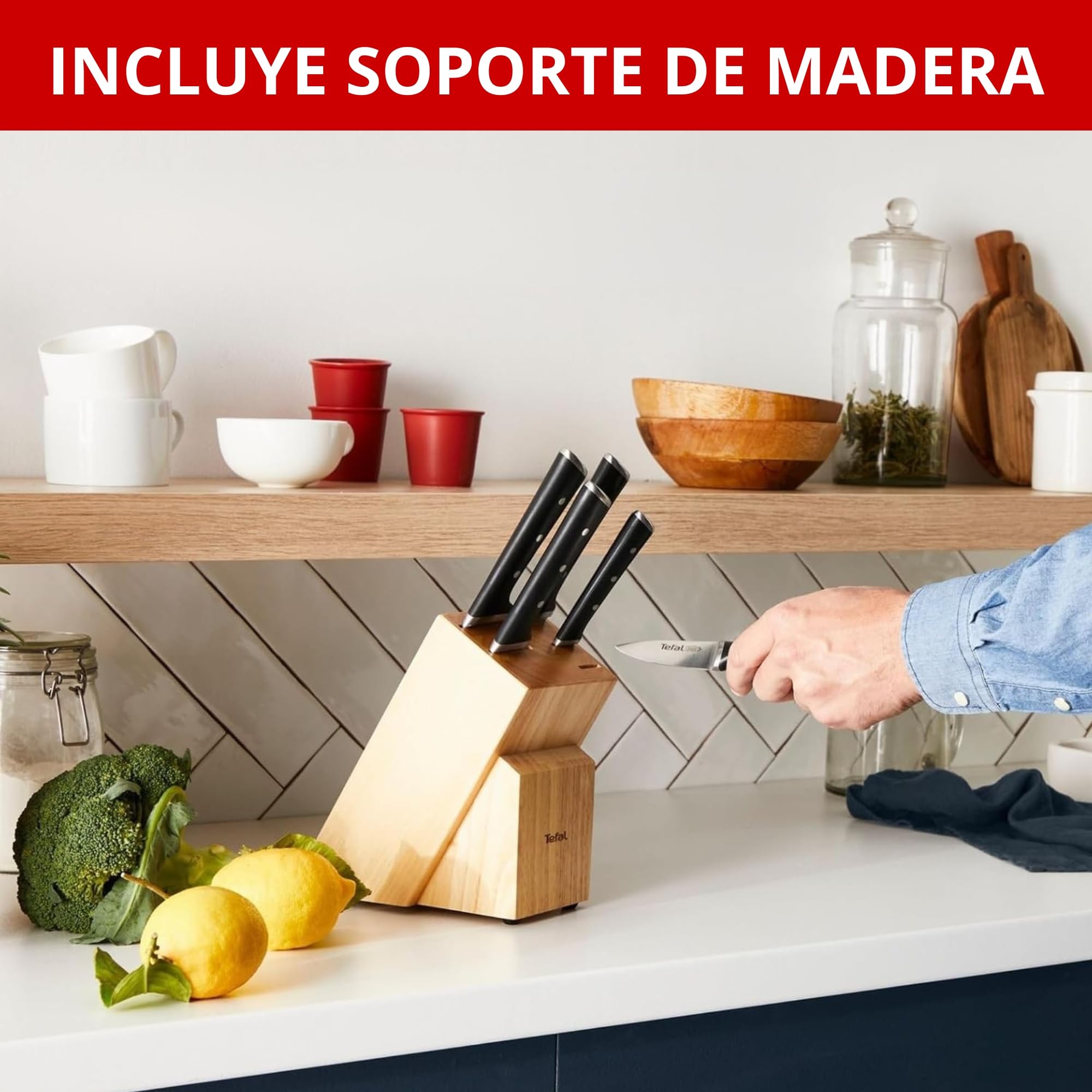 Tefal Ice Force – Bloque de 5 cuchillos: Pan 20 cm, Chef 20cm, Santoku 18 cm, Universal 11cm, Pelar 9cm | Acero Inoxidable Alemán, Tecnología Ice Force -120°C, Corte Preciso, Resistente a la Corrosión