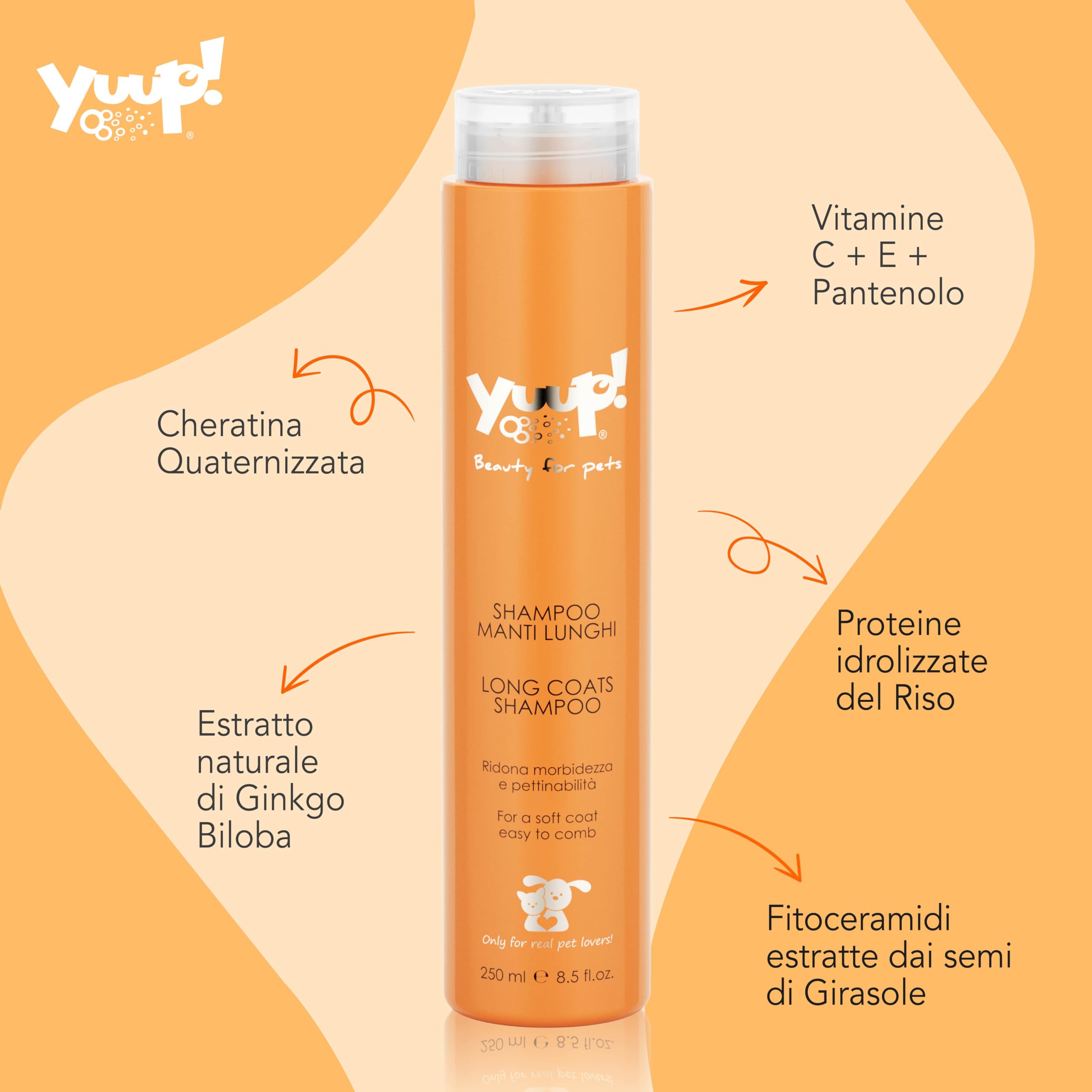 YUUP! - Shampoo per Cani e Gatti Manti Lunghi, 250 ml, specifico per i peli lunghi e che si annodano, ristruttura e rinforza