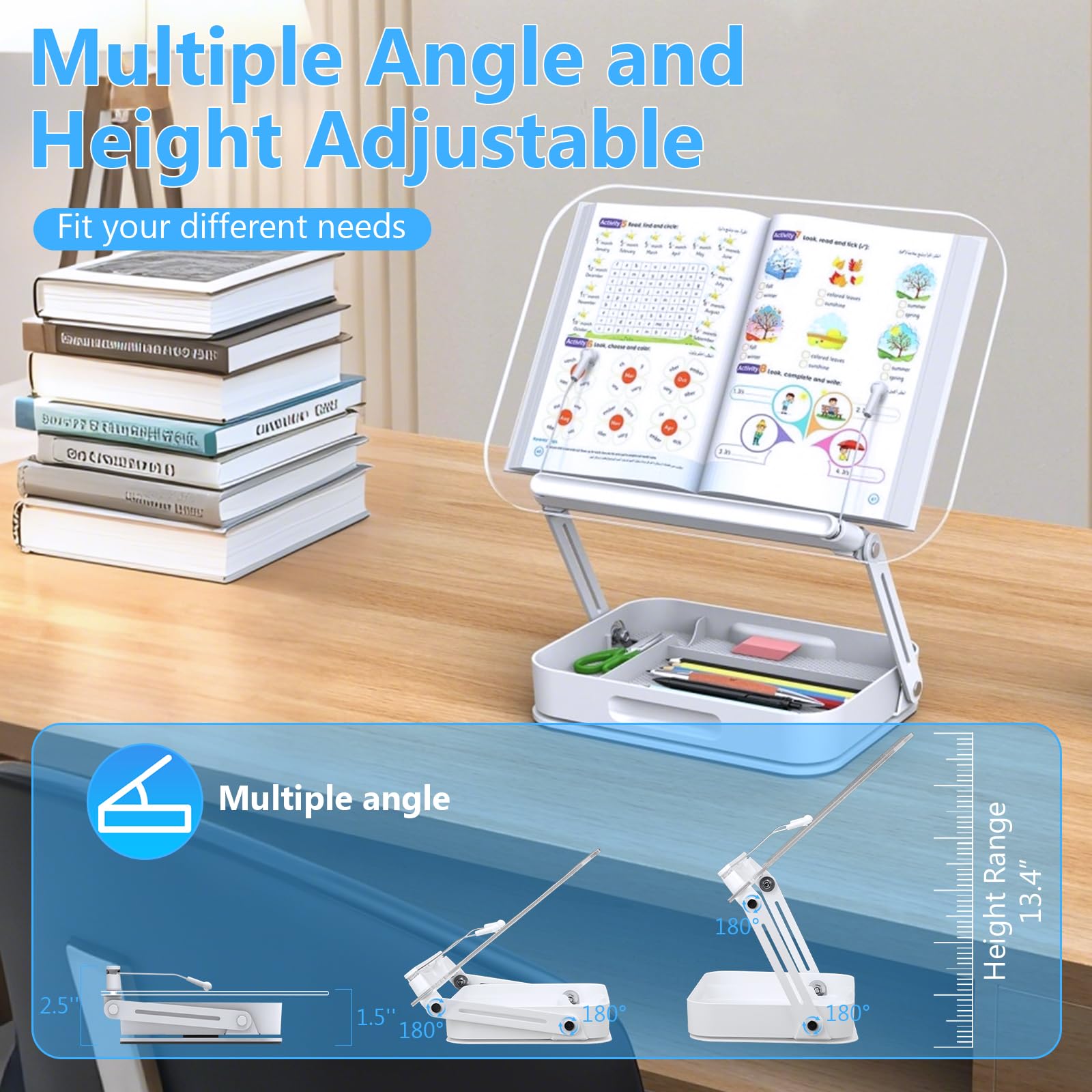 Leggio per Libri con Base Girevole a 360°, Pieghevole Supporto Tablet Supporto Libri per Lettura, con Scatola di Immagazzinaggio, Perfetto per Libri, Cuochi, Spartito, Tablet