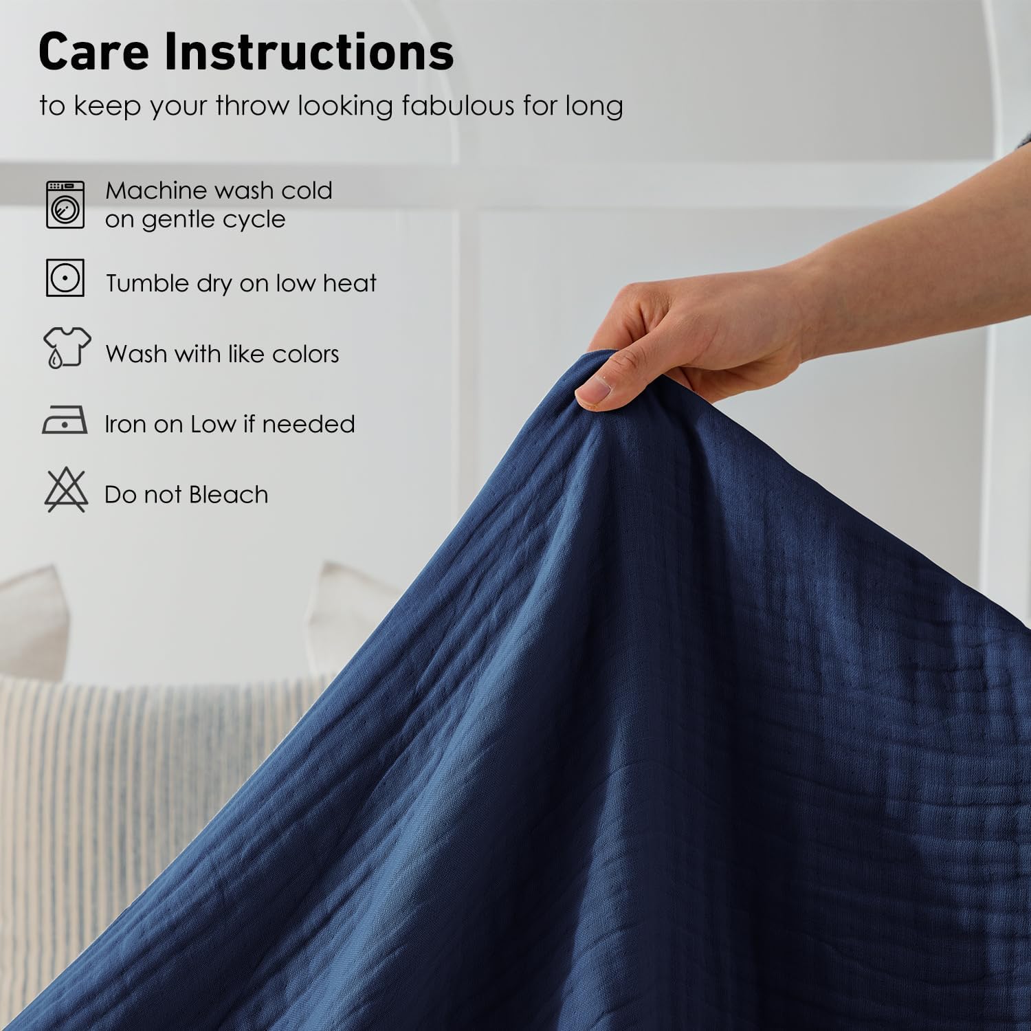 100% Cotton Muslin Blankets for Adults, 6-Layer Breathable Large Throw Blanket for Couch, Pre-Washed Soft Gauze for Bed Layering, All Season Comfort, Navy Blue, 50"x70"