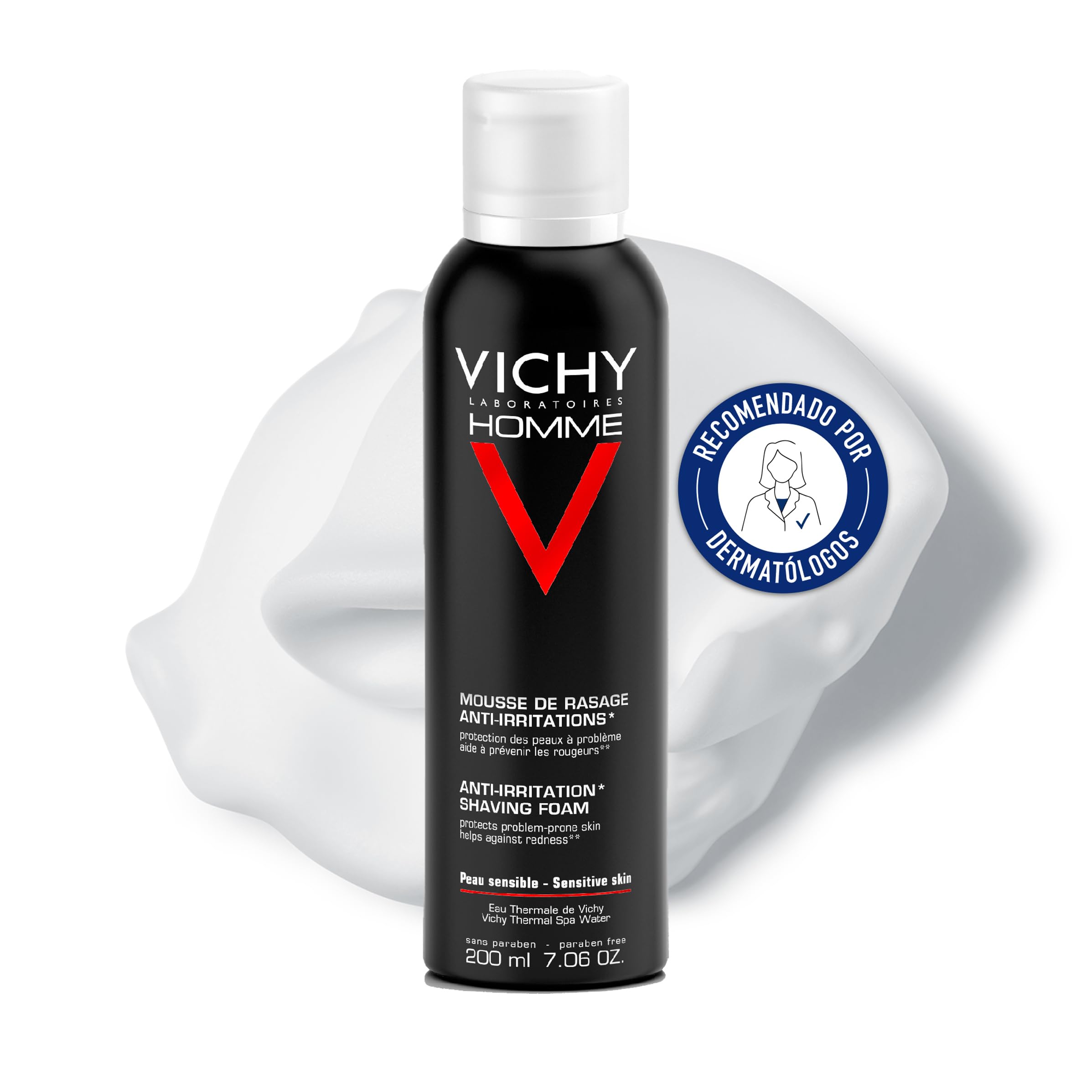 Vichy Espuma de Afeitar Anti-Irritaciones, Piel Protegida e Hidratada, Contiene Calcio, Vitamina C Glucosada y Ácido Salicílico, Cuidado Masculino, Sensi Shave, Homme, 200 ml