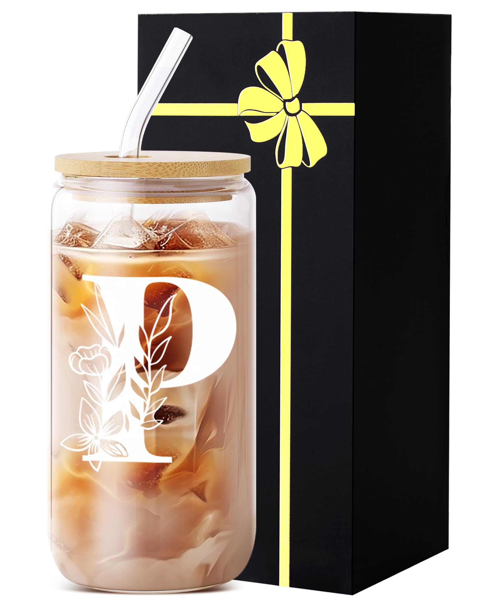 Yekidos Monogrammed Glass Drinking Cup With Lid Straw Gifts for Teen Girls Cute Customized Mug Gift For Her Iced Glass Tumbler Initial Cup Retirement Gift Must Haves For Women Apartment Essentials