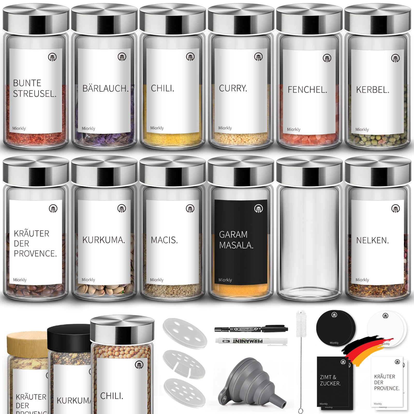 Miorkly 12 Rund Gewürzgläser mit Streueinsatz - Schwarzer Edelstahl Deckel | Verdicktes Glas-Luftdichte Gewürzgläser Rund 100ml-Gewürzstreuer Glas - Spice Jars Set-Trichter, Etikett und Stift