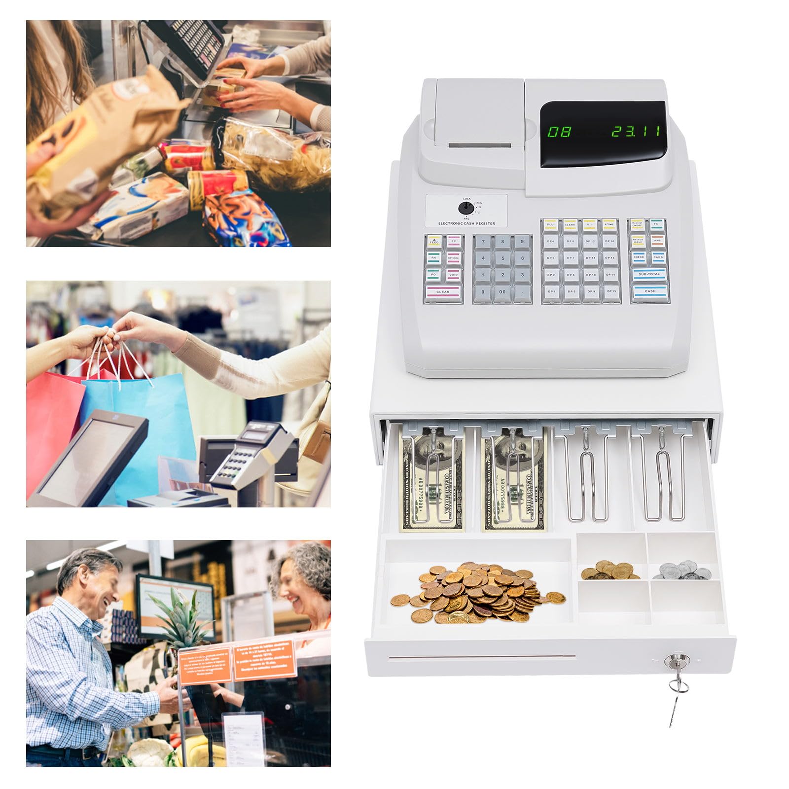 Caisse Enregistreuse Professionnelle, Système de gestion de trésorerie, caisse enregistreuse électronique, 47 claviers, imprimante thermique, caisse enregistreuse avec 4 factures, 5 pièces de monnaie,