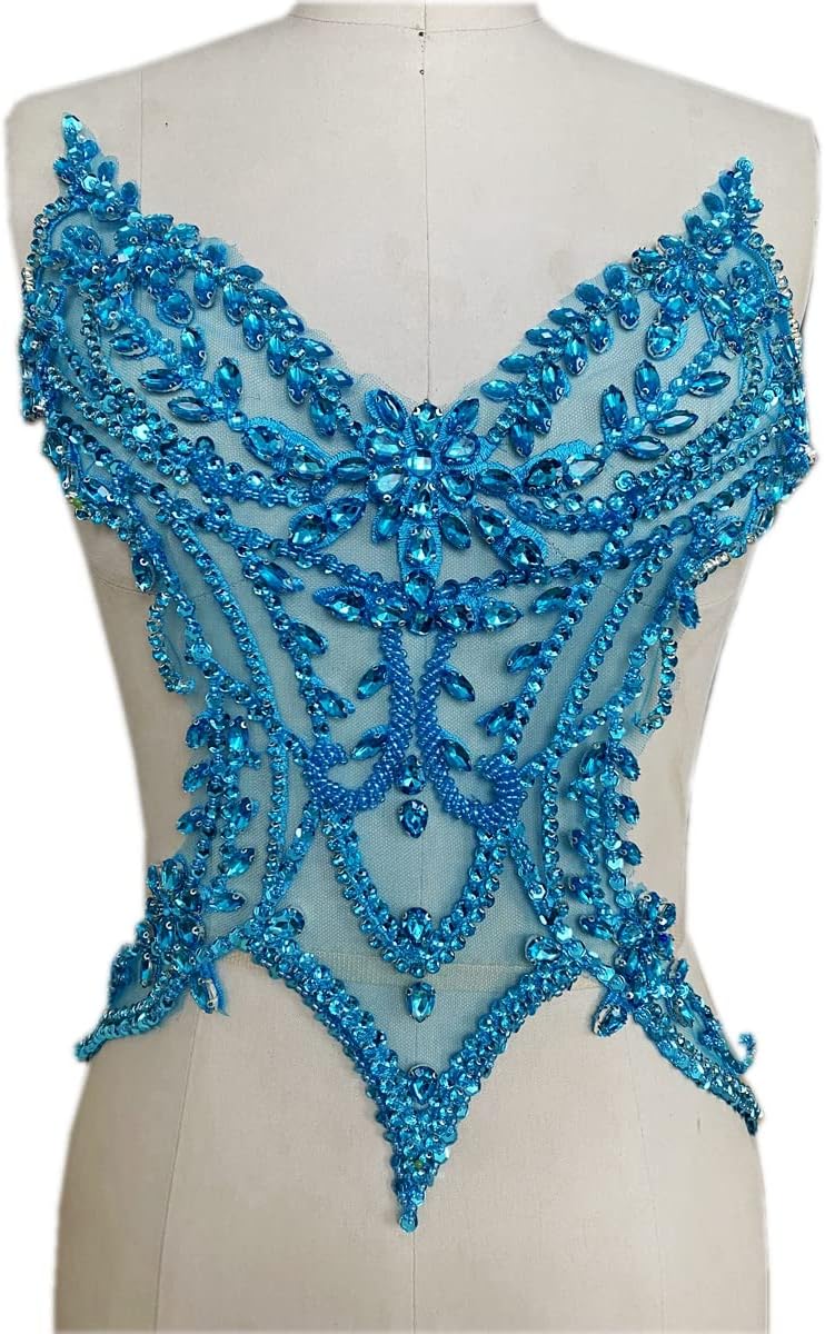 Handmade Rhinestones lace Applique sew on Beads Sequins Trim Patches Accessories for Girl Dress Clothing (Light Purple)