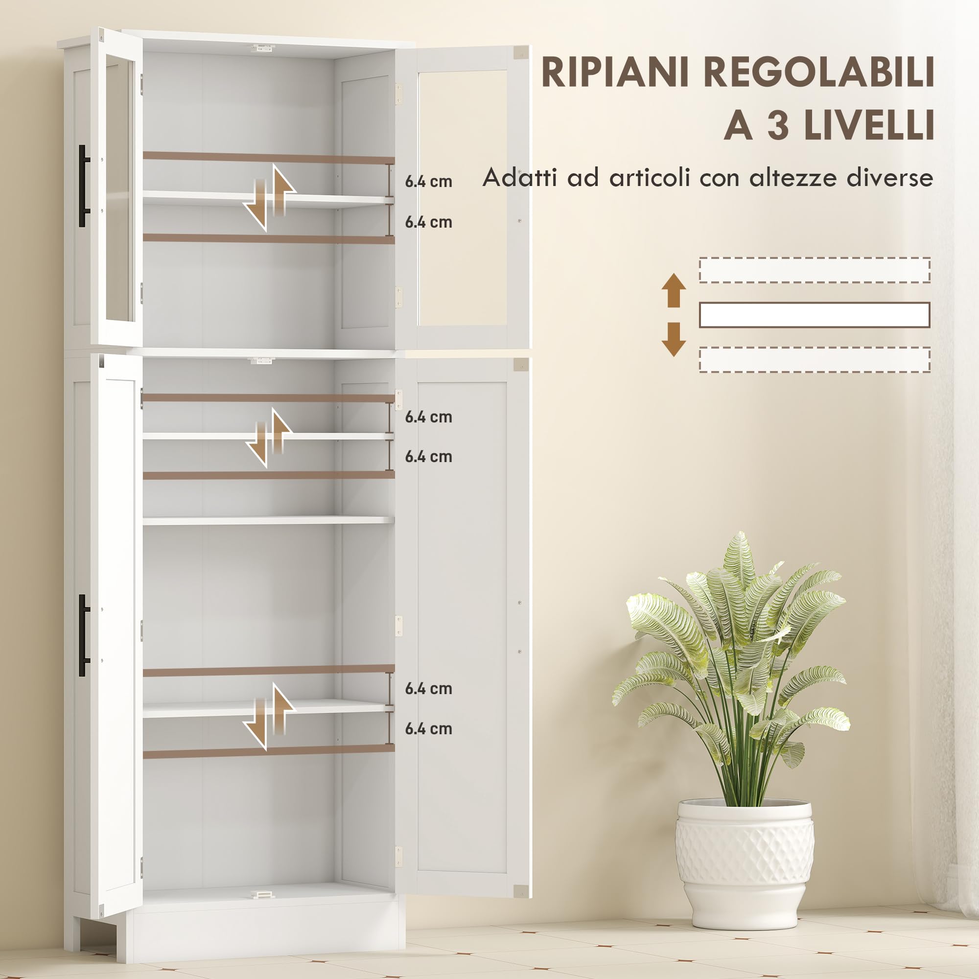 HOMCOM Mobile Bagno Alto con Ante in Vetro e 2 Armadietti, Mobiletto Bagno Salvaspazio con Ripiani Regolabili, Armadio da Terra per Sala da Pranzo Salotto Soggiorno Cucina, 60x30x170 cm, Bianco