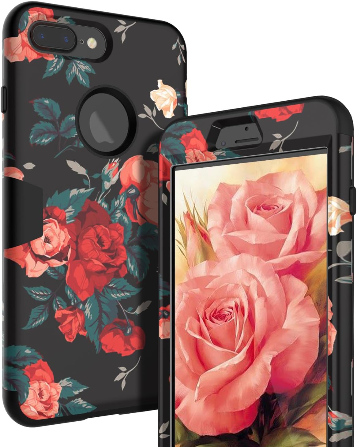 RabeMall Case for iPhone 7 Plus Three Layer Hybrid Shockproof Smooth Beautiful Fashion Color Rose Flowers Case for Girls/Women,Floral Black