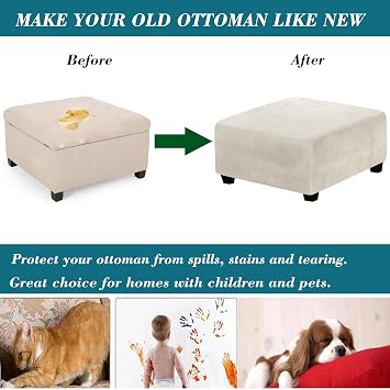 HFCNMY Ottoman Cover Square, Stretch Polyester blend Thick Ottoman Slipcover Square Washable Storage Ottoman Cover Foot Stool Cover with Elastic Bottom for Living Room Beige Medium