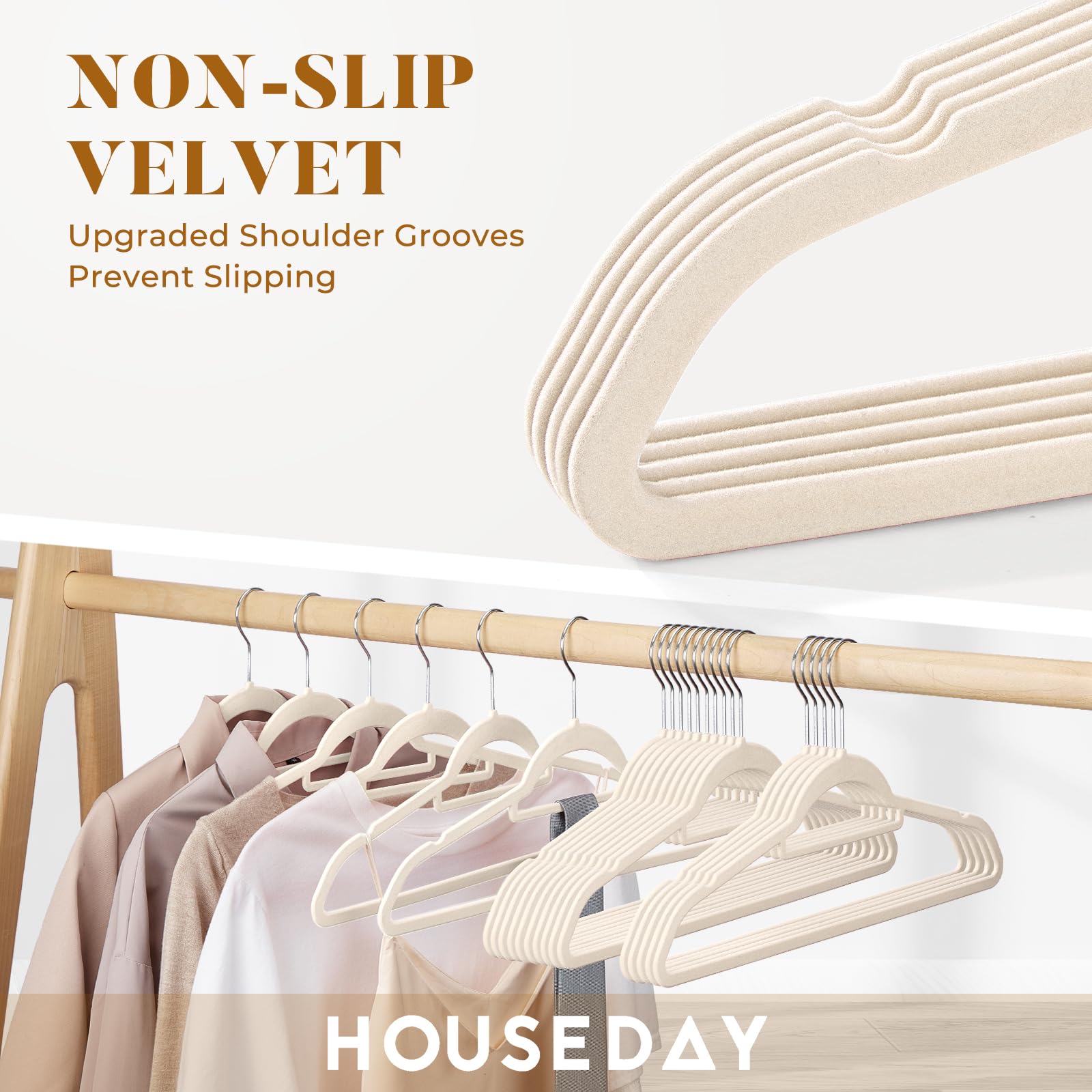HOUSE DAY Perchas de terciopelo con barra de corbata, paquete de 20 perchas de ropa antideslizantes, ahorro de espacio, perchas de fieltro para pantalones, abrigos, trajes, camisas, bufandas, sin
