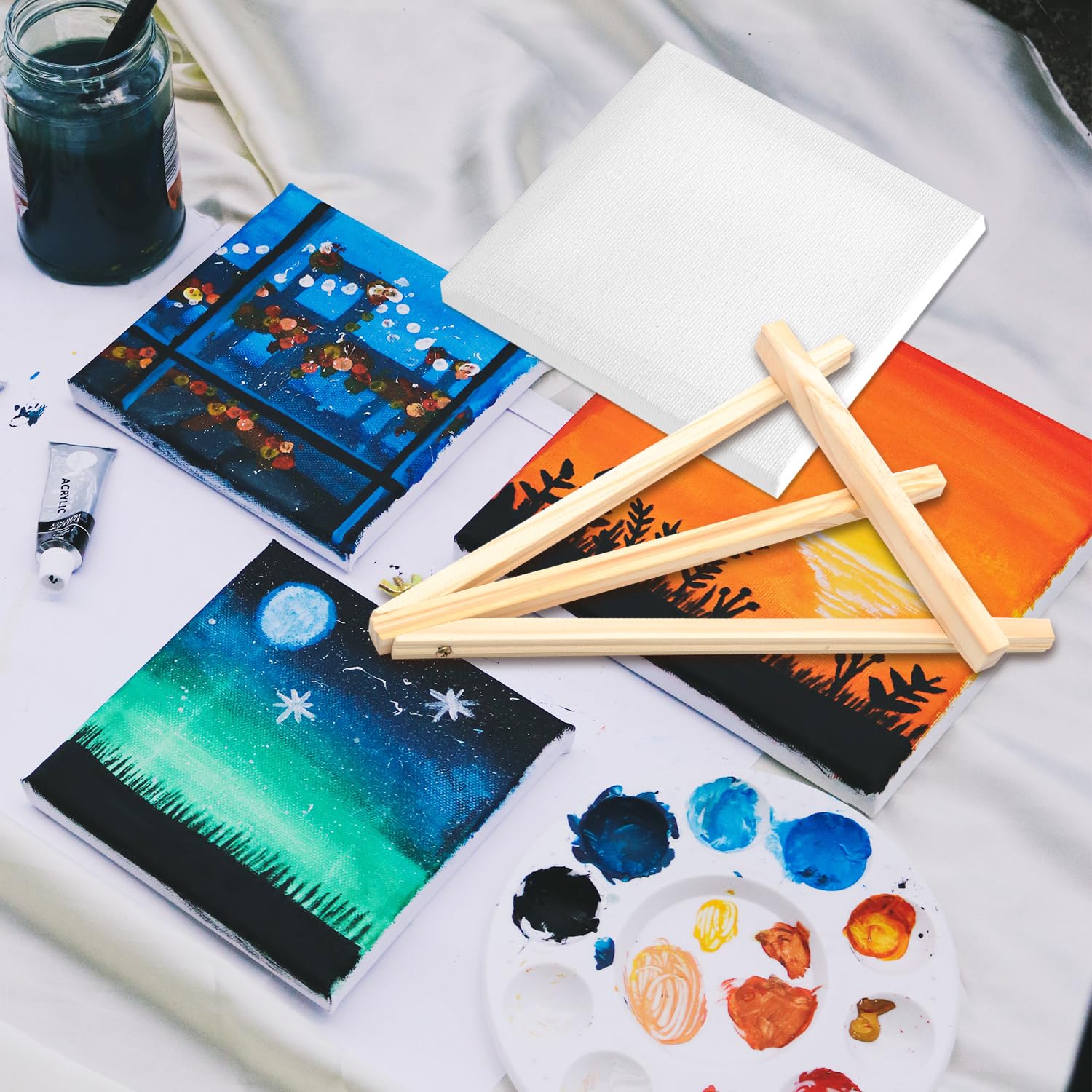Canvas for Painting 4 Pack Blank Canvas Panels Framed 100% Cotton Pre-Stretched Artist Canvases Boards for Oil or Acrylic Painting with 1 Easel (20x20cm/8x8inch) - Image 4
