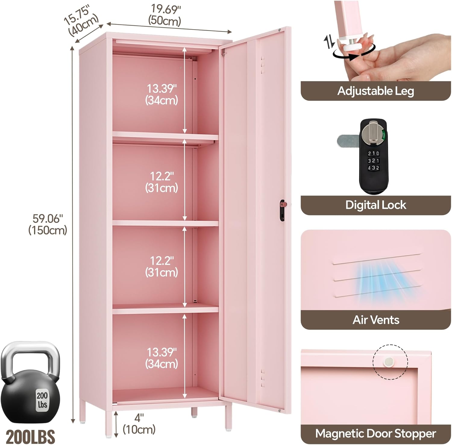 Locker Cabinet, 59.06" H Pink Metal Locker Storage Cabinet for Employees with Locking Door and 2 Shelves Kids Locker Tool File Cabinets for Bedroom, Home Office, Garage, Bathroom
