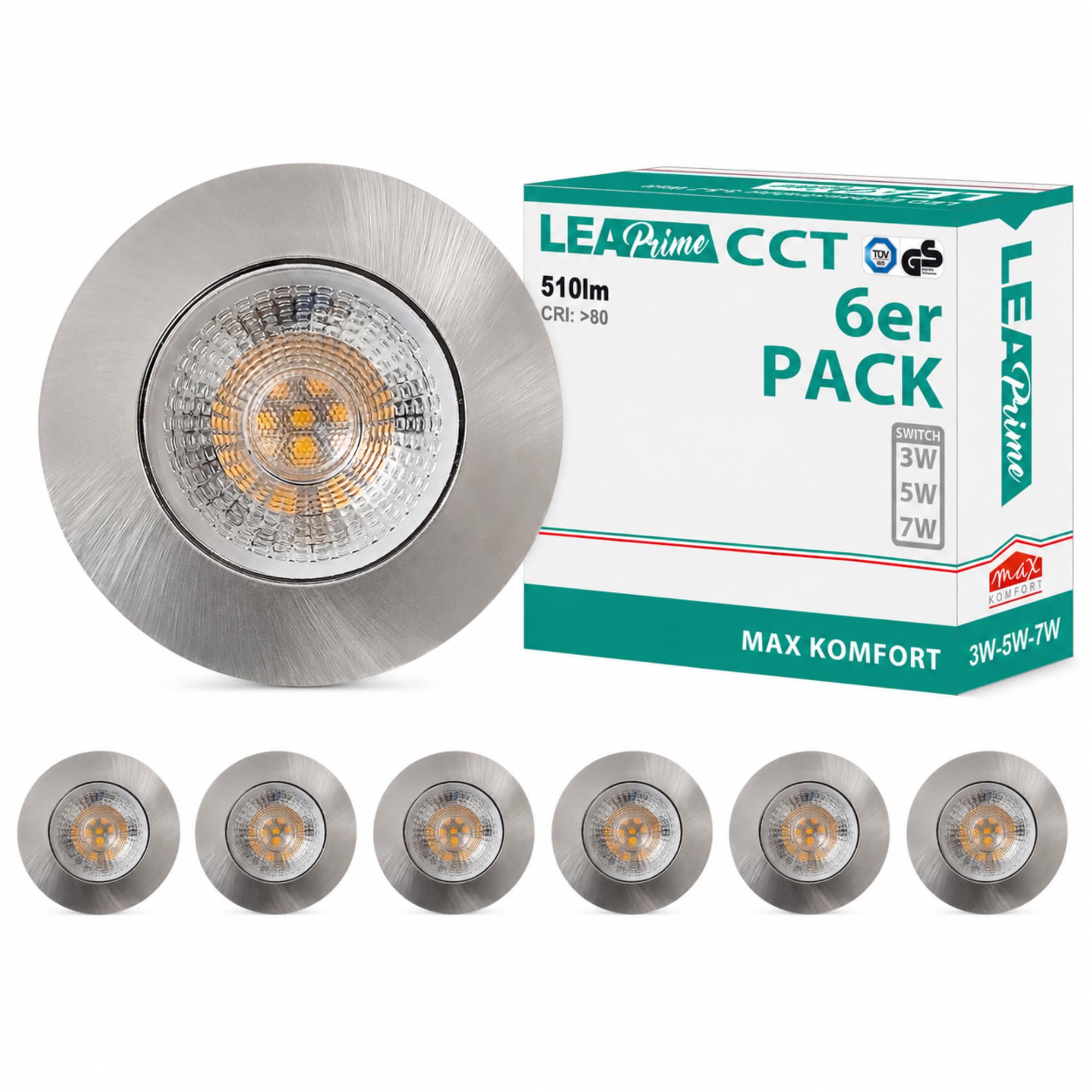 Maxkomfort 6er Set LED Einbaustrahler 230V Ultraflach & schwenkbar - 3 Lichtfarben (3000K/4000K/6000K) & 3W-5W-7W einstellbar, IP20 Deckenspots Edelstahl-Optik gebürstet - LEA-Prime