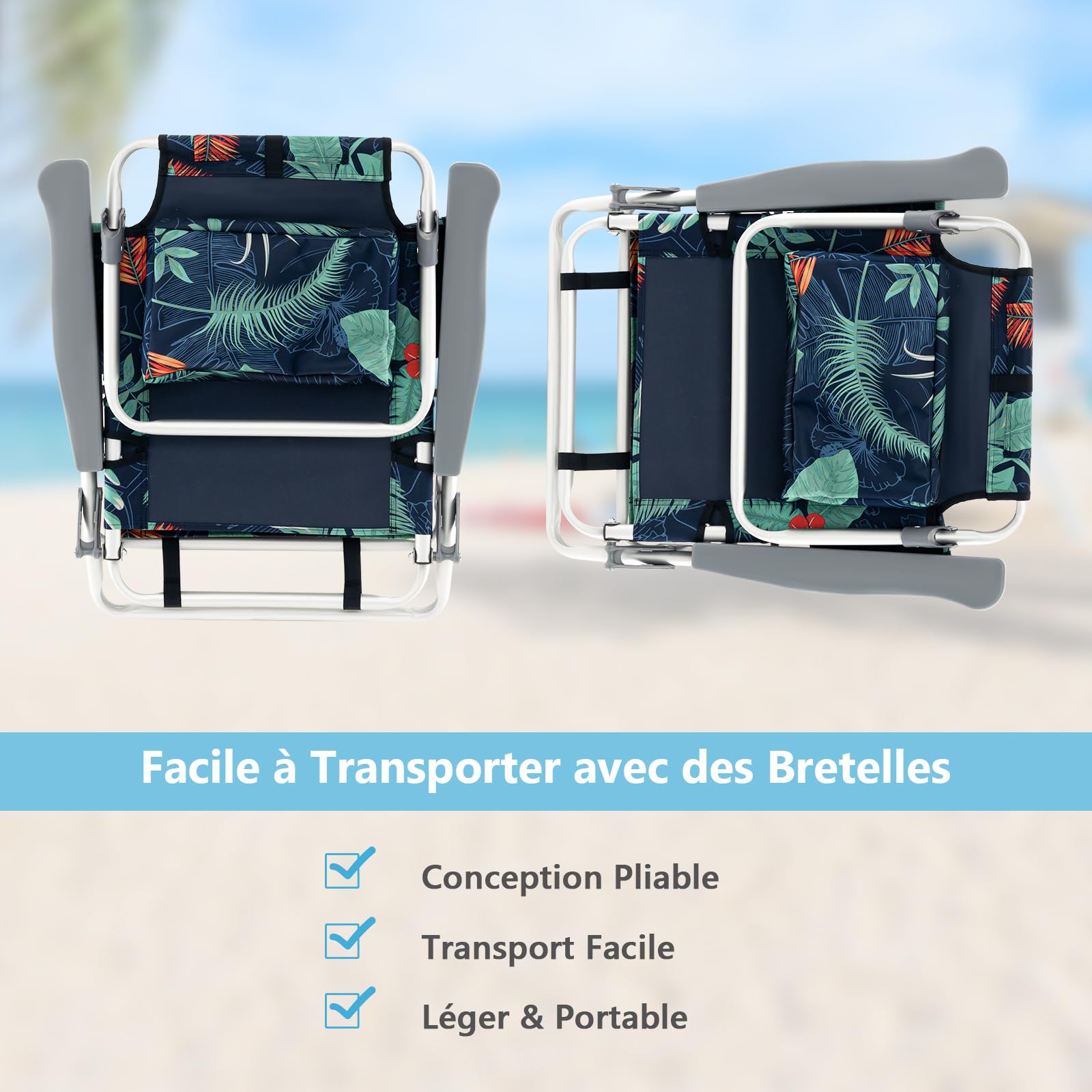 COSTWAY Lot de 2 Chaises de Plage Pliante avec Table Enroulable en Aluminium, Fauteuil de Jardin Inclinables à 5 Positions Charge Max 136 KG, pour Randonnée Plage Pêche (Floral)
