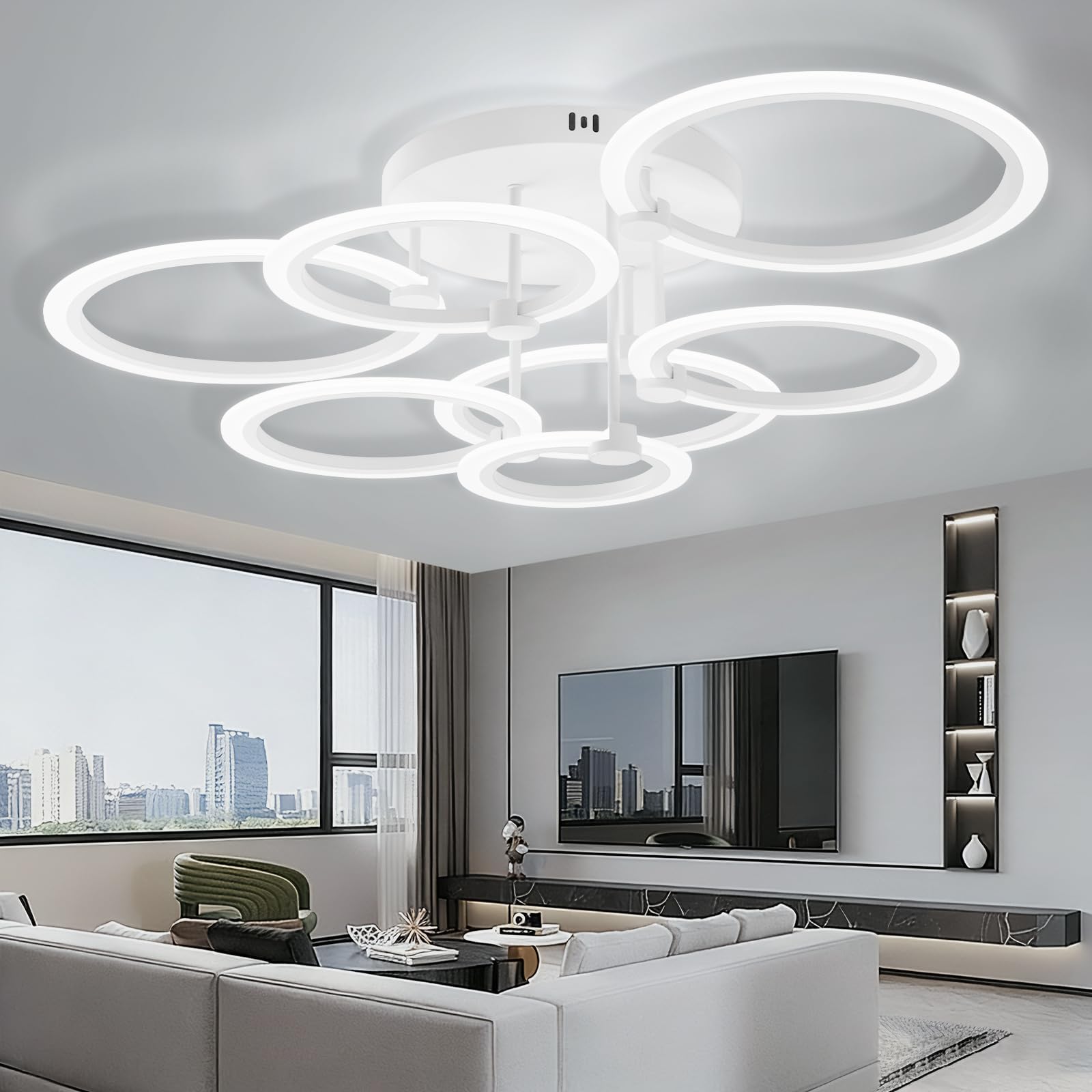 OKELI Modern LED Chandelier Ceiling Light,48W 80cm LED Acrylic Modern Ceiling Lighting,White 6500K 7 Ring Chandelier for Living Room,Bedroom,Dining Room,Kitchen