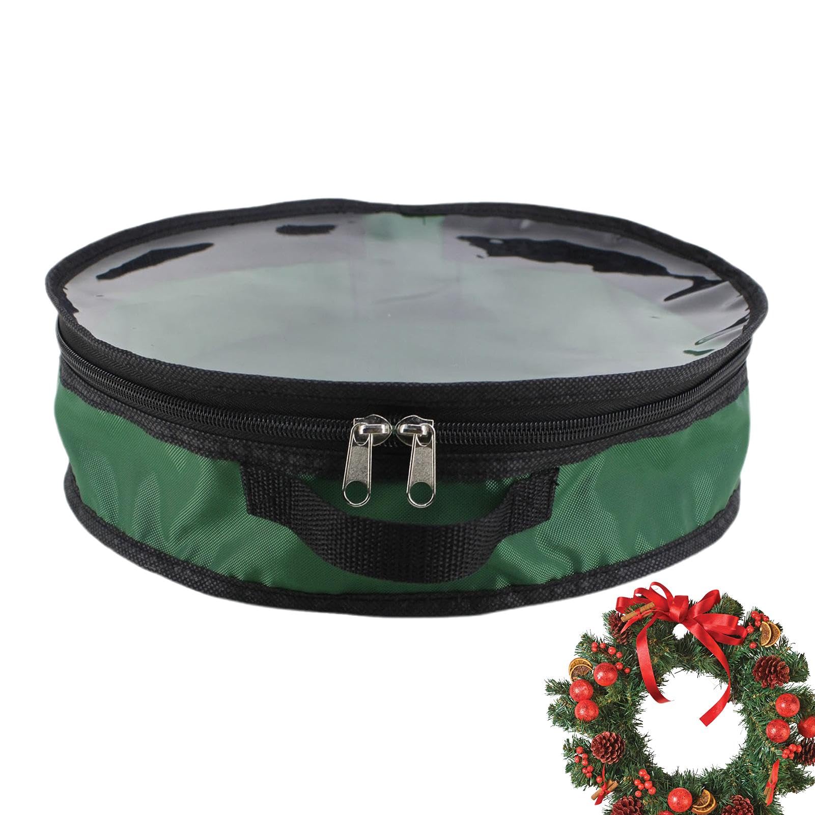 Boîte de rangement couronne ronde Noël avec double fermeture éclair et fenêtre en PVC
