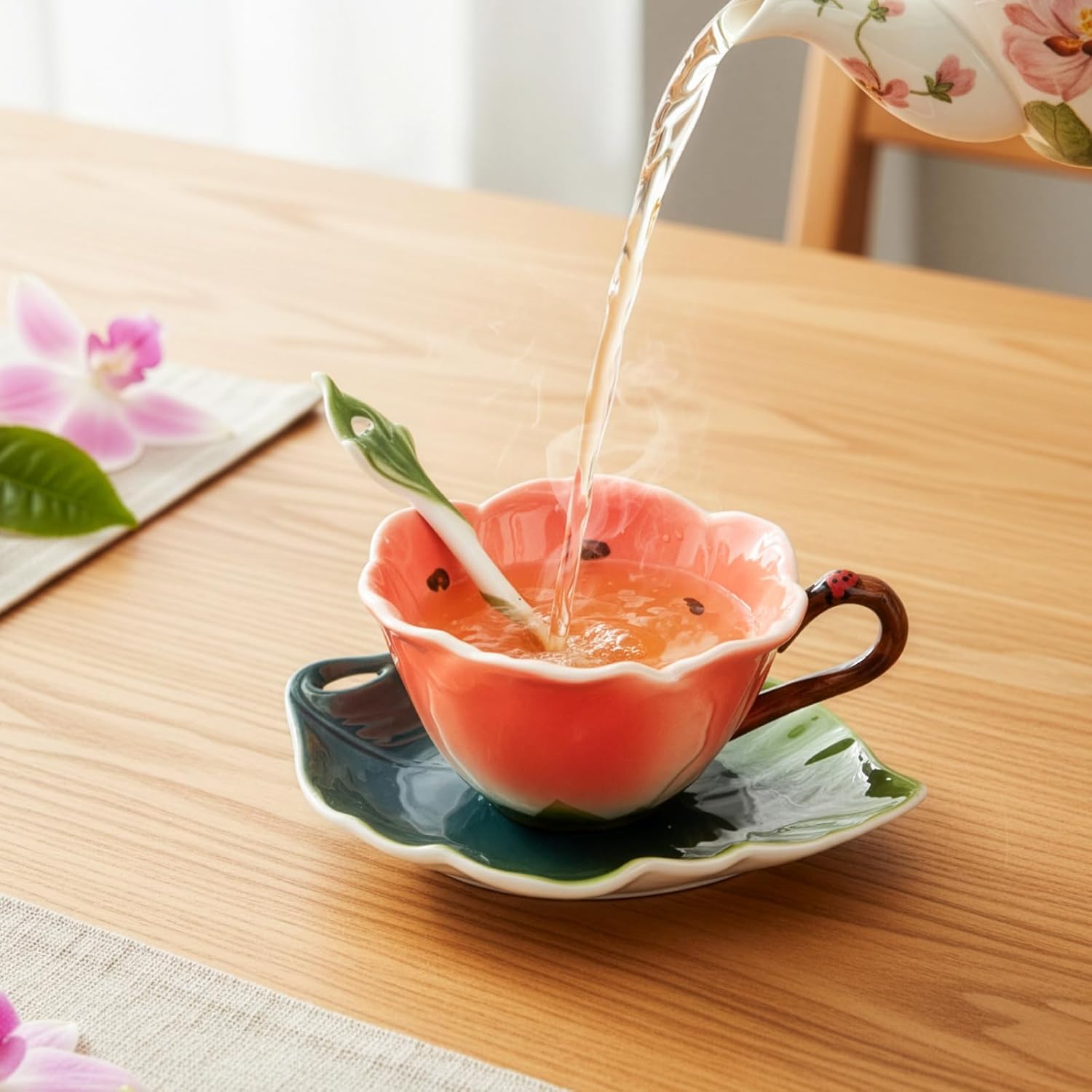 Flower Tea Cup and Saucer, 6 Oz Ceramic Coffee Mug with Spoon, 3D Handmade Vintage Drinking Cups, 3 Pieces Orange Teaware Mug for Women, Christmas Birthday Gift Party (Floral and Leaf) - Image 8