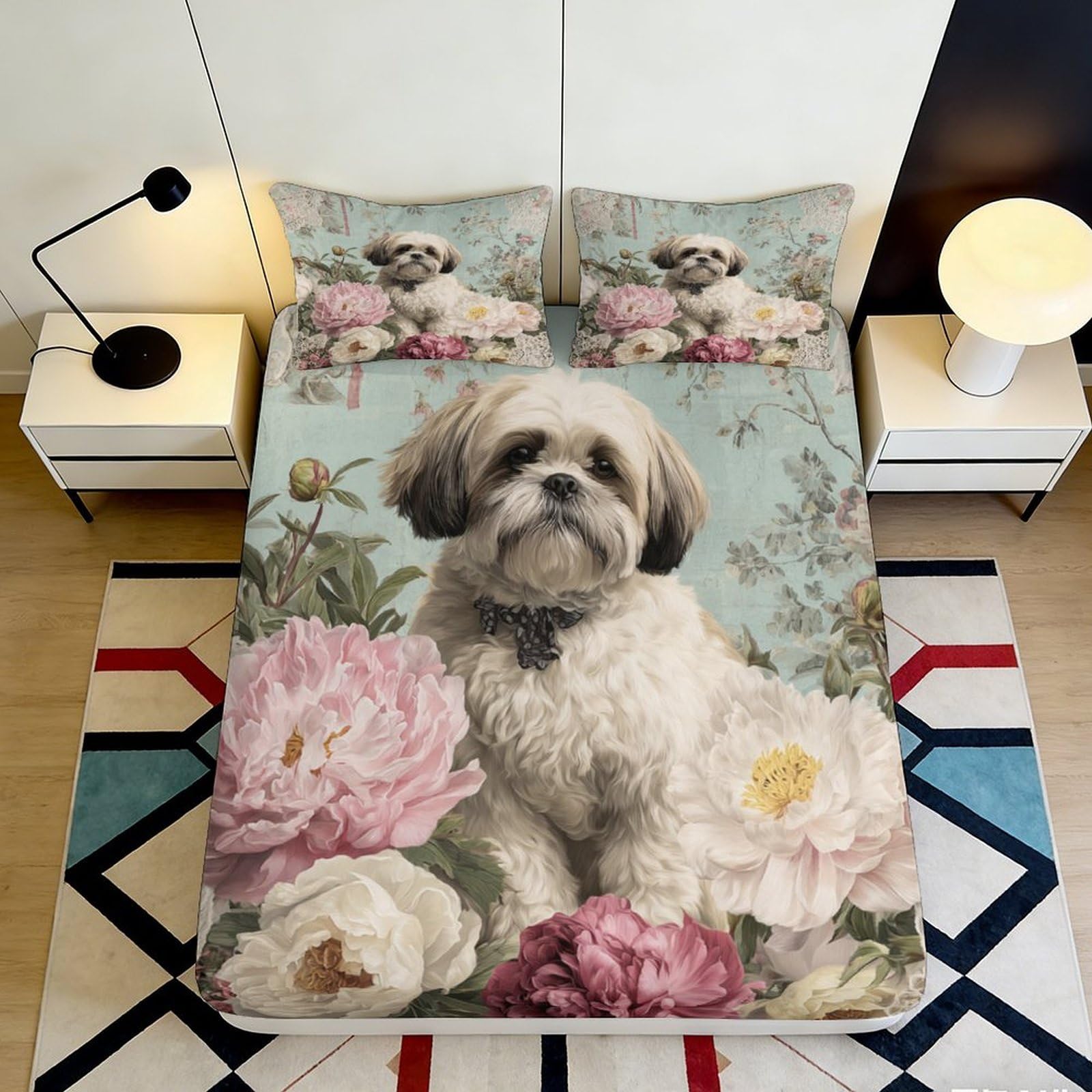3D Printed Shih Tzu Dog Fitted Sheet Microfiber Floral Mattress Cover Washable Anti-Slip for Bedroom Home Decor 90x200x25cm