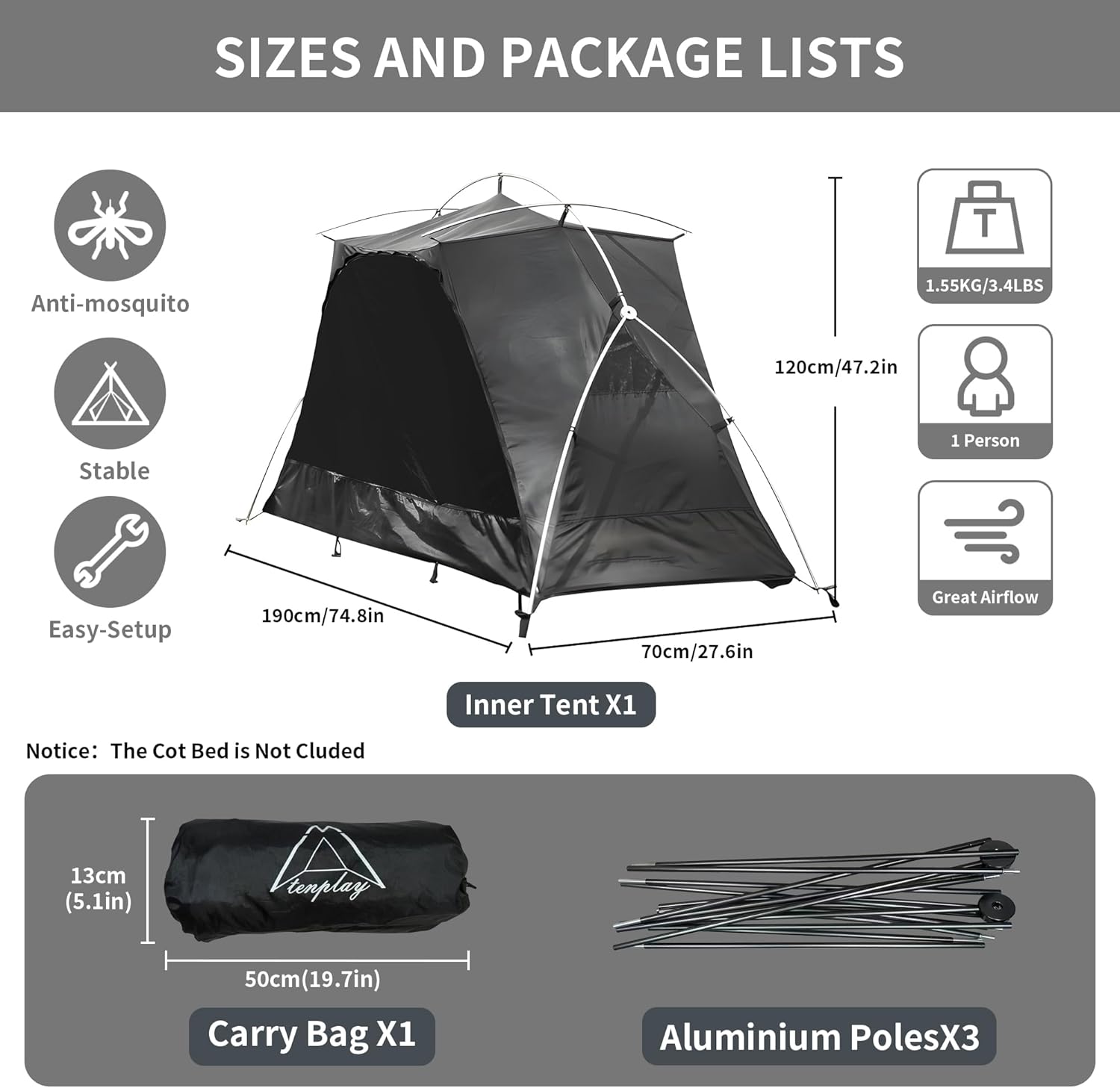 TENPLAY 1-Person Cot Tent Flysheet,Must be Used with Matching Inner Tent, Lightweight,Waterproof, Sun Protection,Nylon, Easy Setup,Expandable Rainfly for Camping, Hiking, Backpacking, Picnics