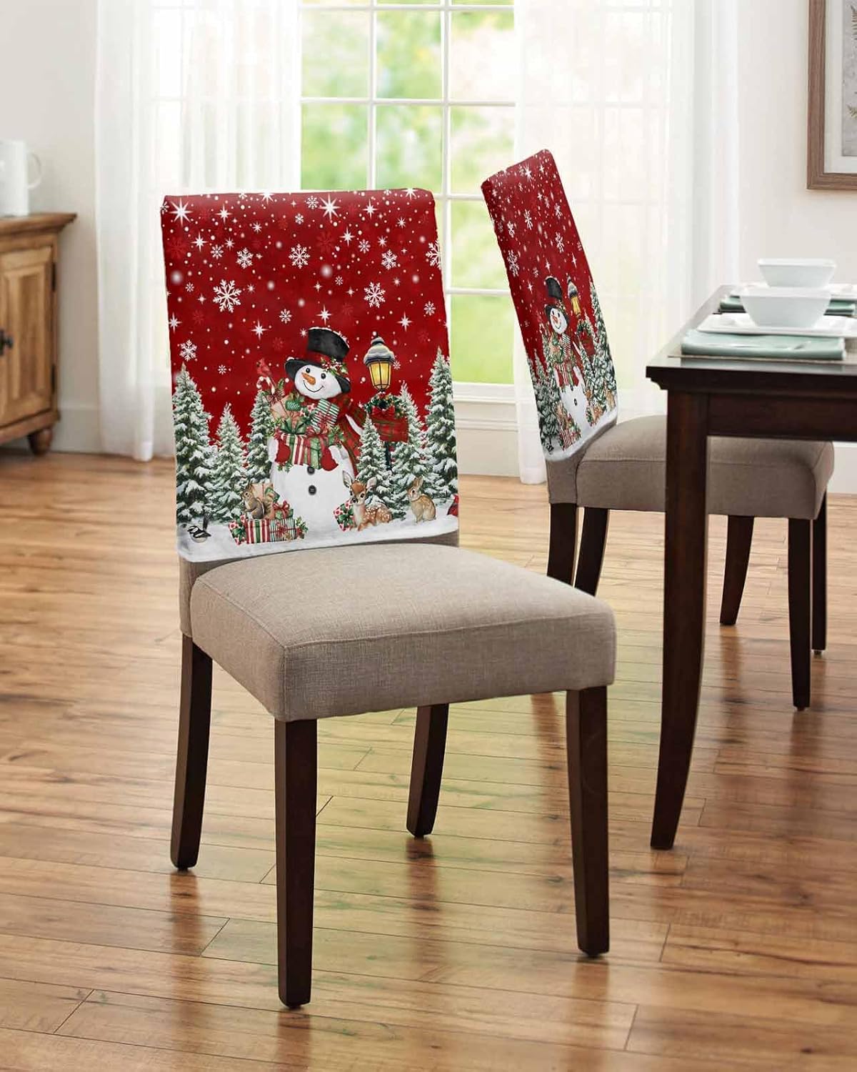 Red Christmas Chair Covers Set of 4 for Dining Room, Snowman Xmas Tree Chair Back Cover, Snowflake Gifts Elk Winter Removable Kitchen Chairs Slipcovers Seat Protector for Party Banquet Christmas Decor
